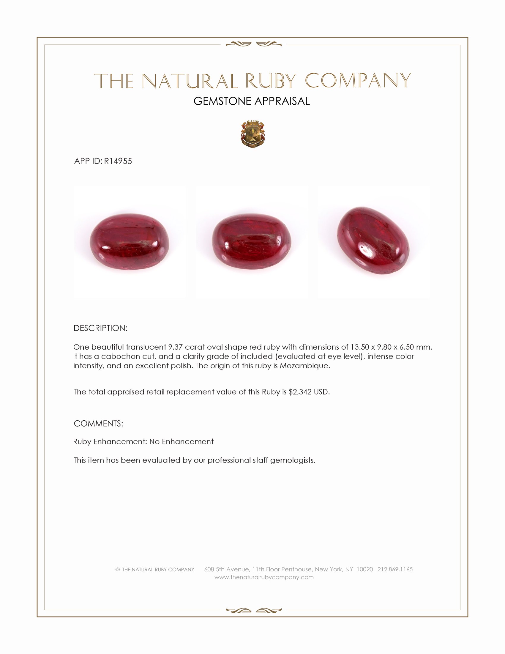 9.37 Ct. Cabochon Ruby from Mozambique