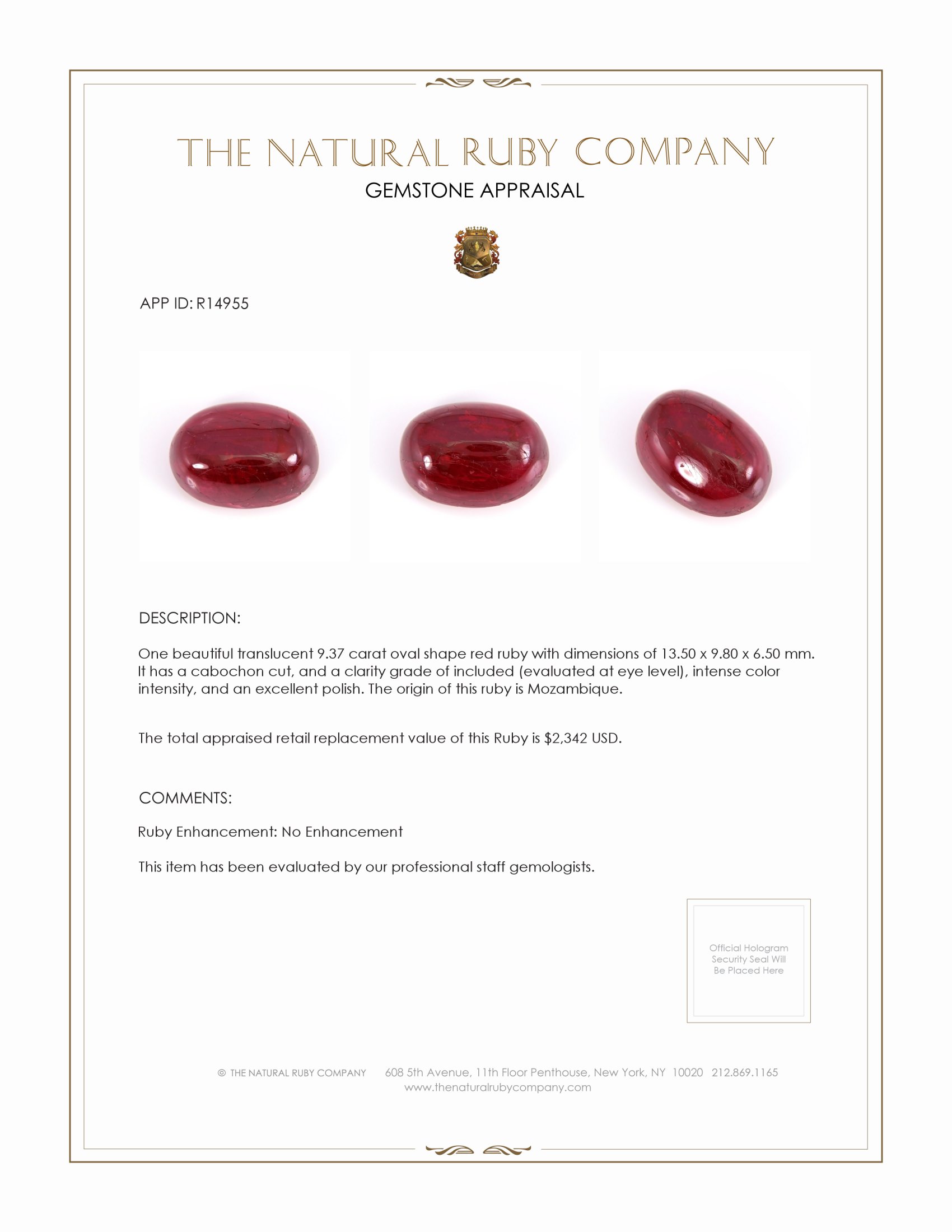 9.37 Ct. Cabochon Ruby from Mozambique