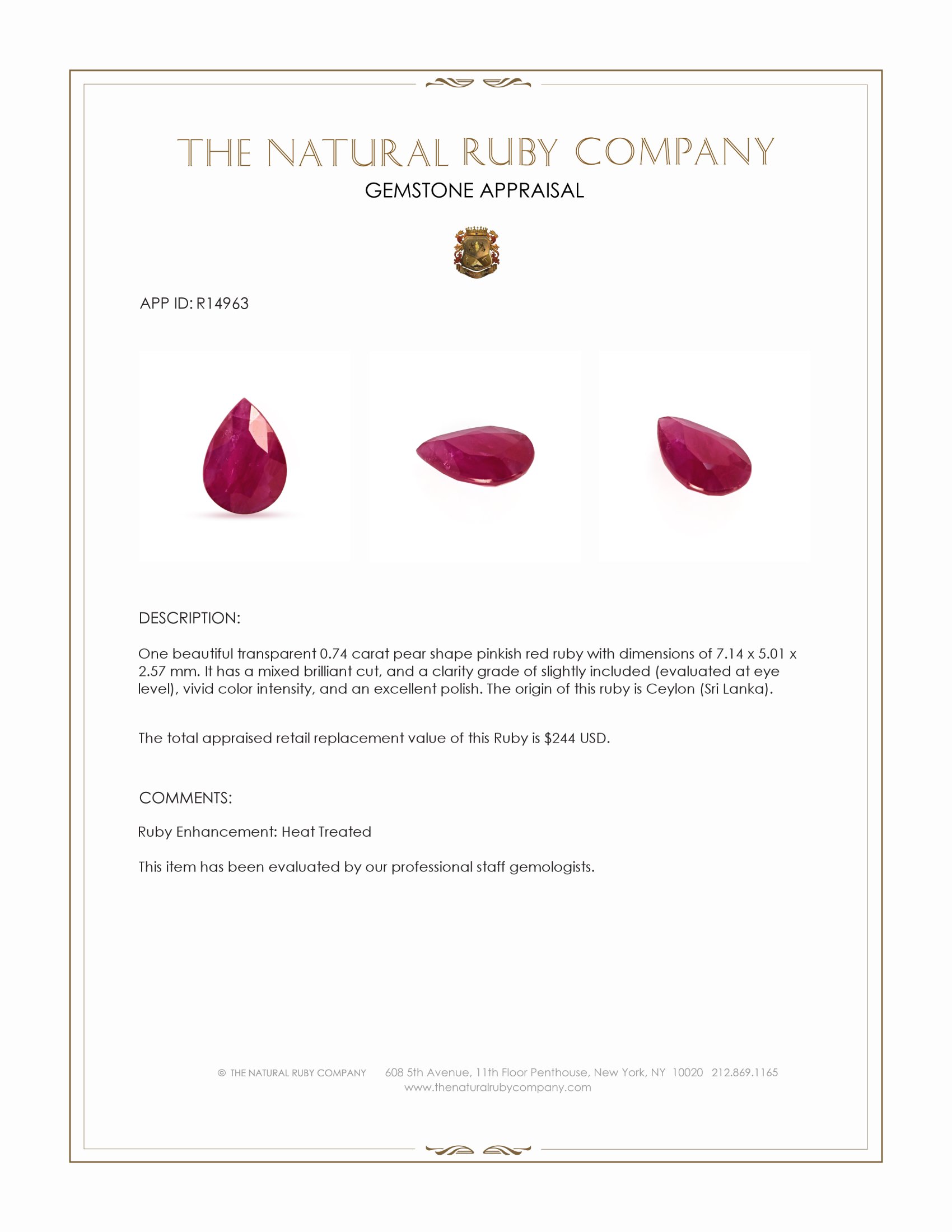 0.74 Ct. Pinkish Red Ruby from Ceylon (Sri Lanka)