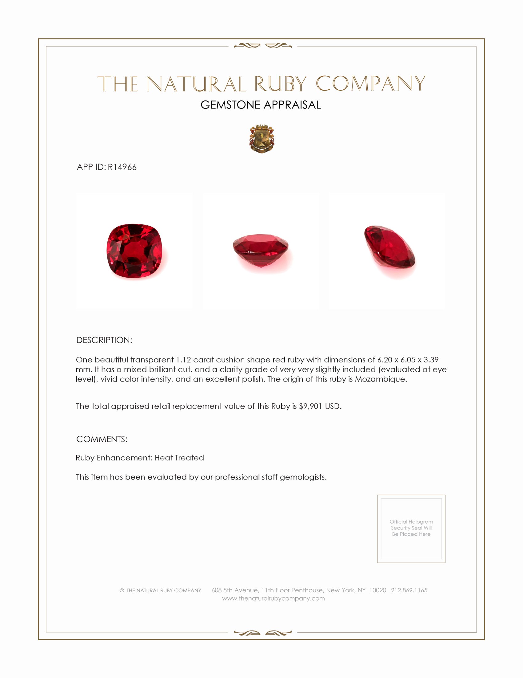 1.12 Ct. Ruby from Mozambique