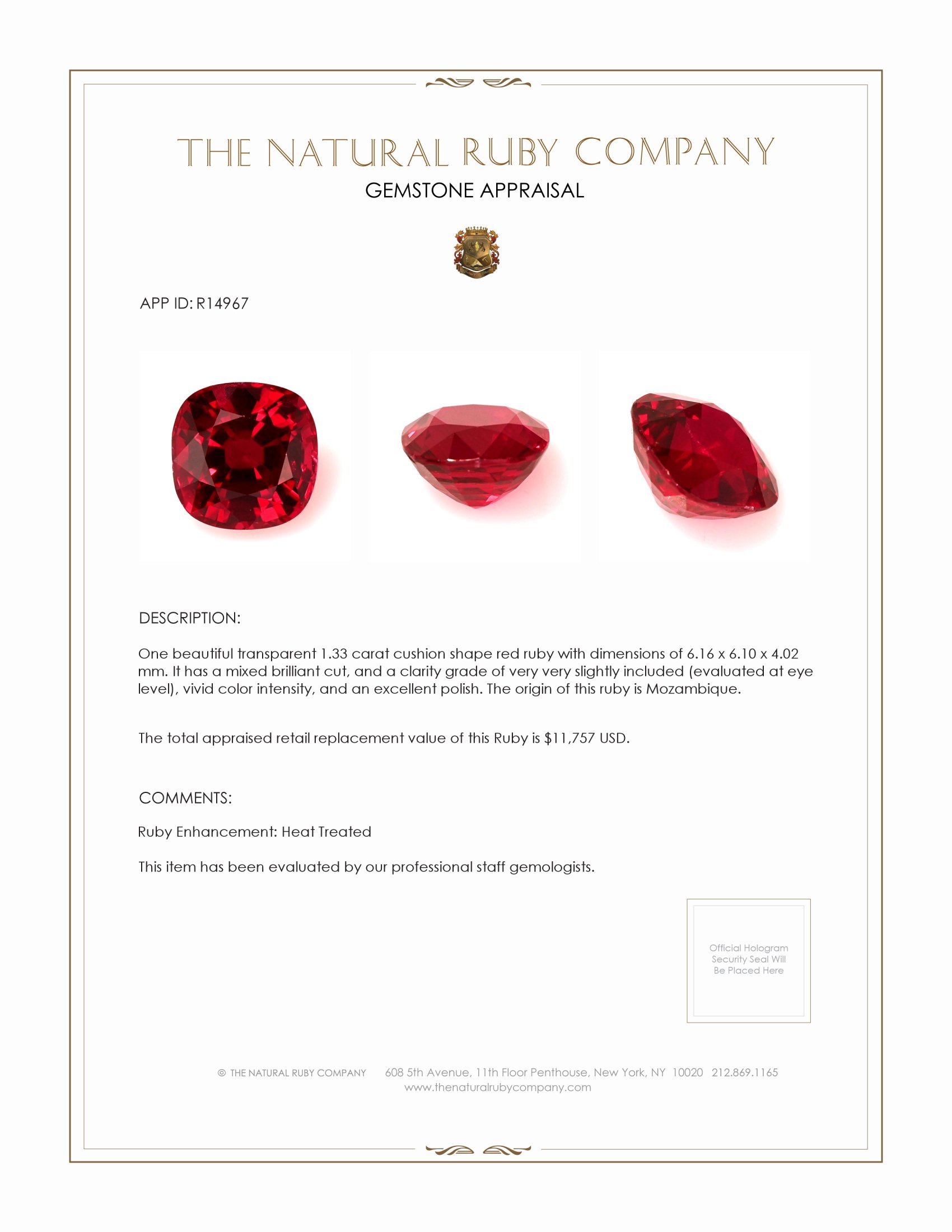 1.33 Ct. Ruby from Mozambique