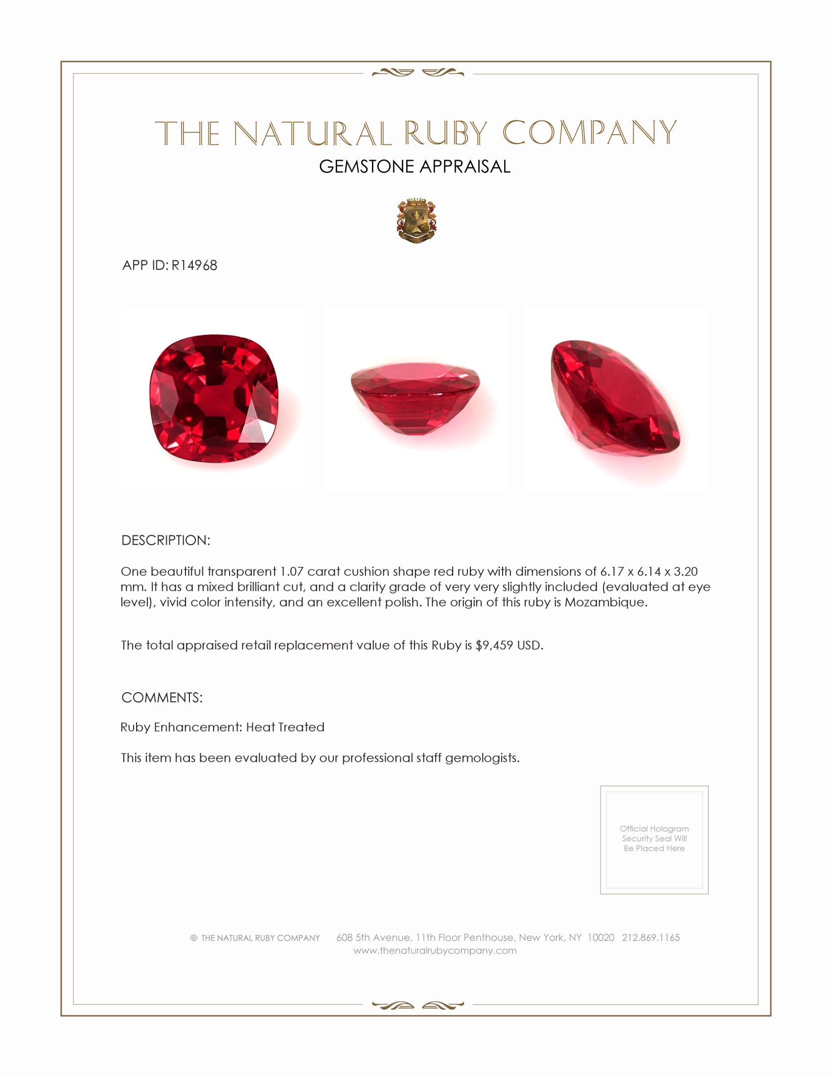 1.07 Ct. Ruby from Mozambique