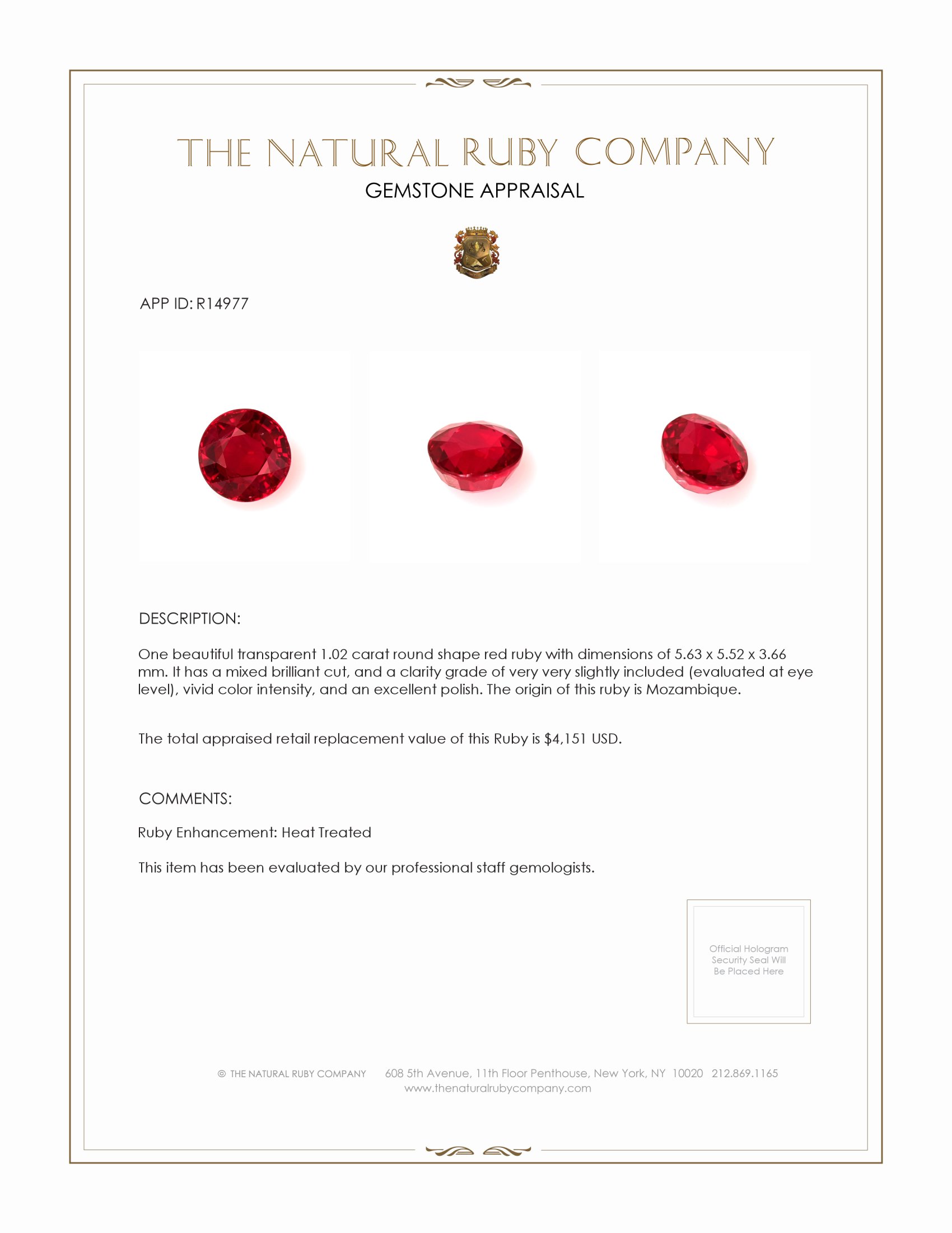 1.02 Ct. Ruby from Mozambique