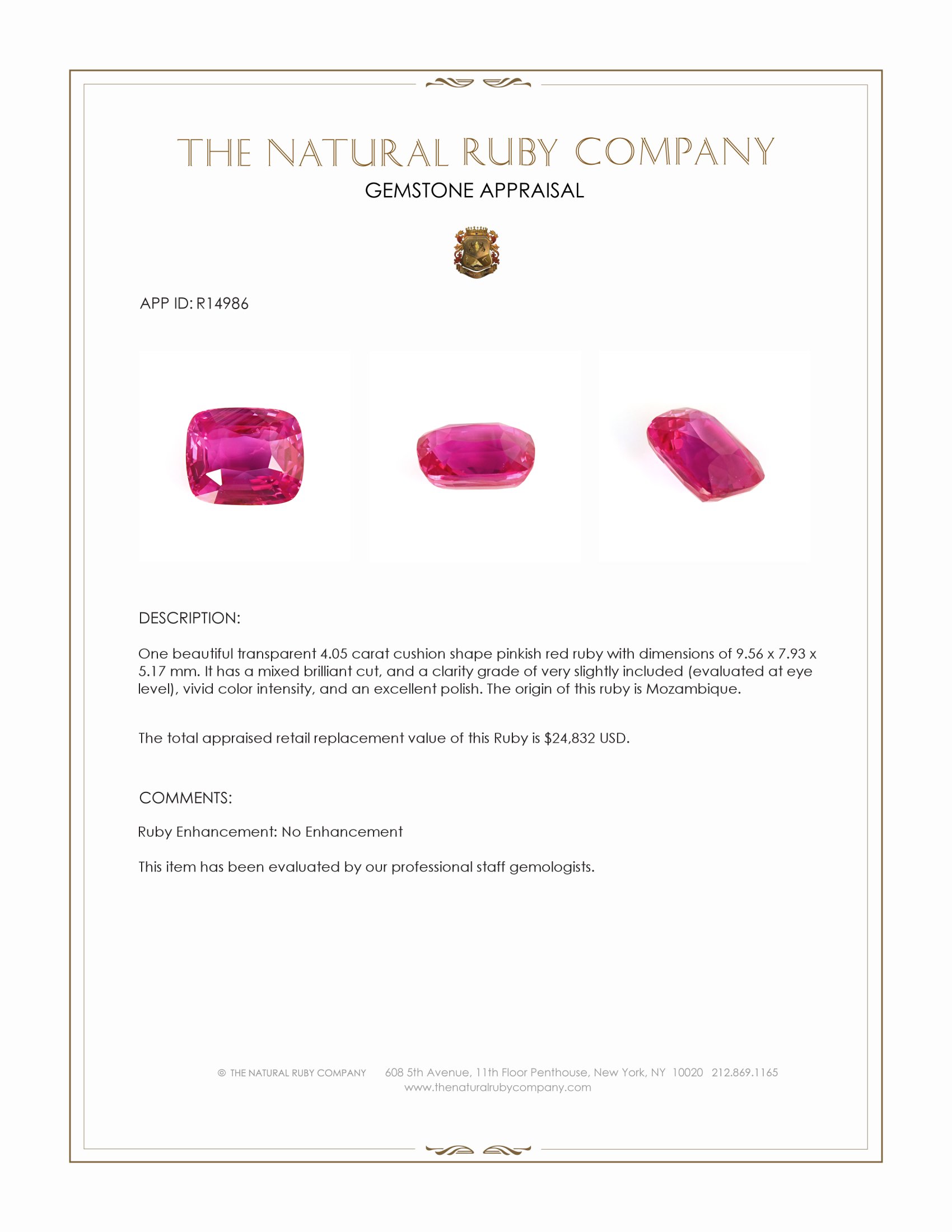 4.05 Ct. Pinkish Red Ruby from Mozambique