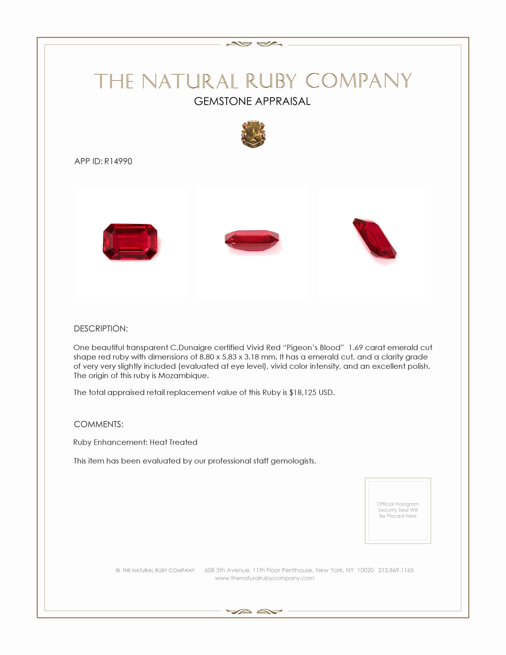 1.69 Ct. Ruby from Mozambique