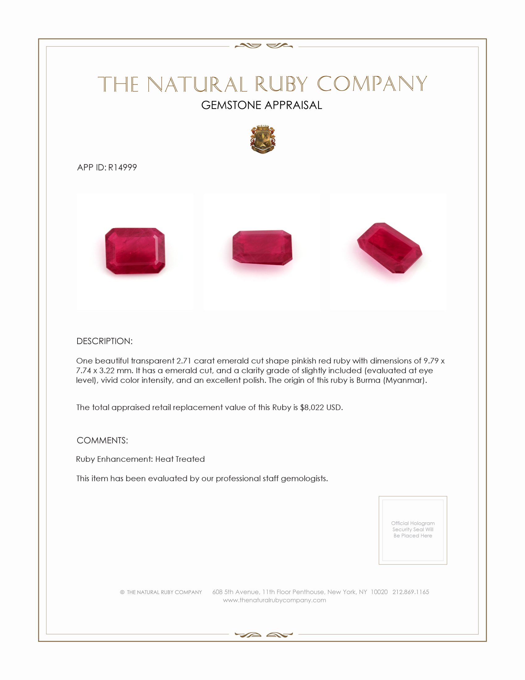 2.71 Ct. Pinkish Red Ruby from Burma (Myanmar)