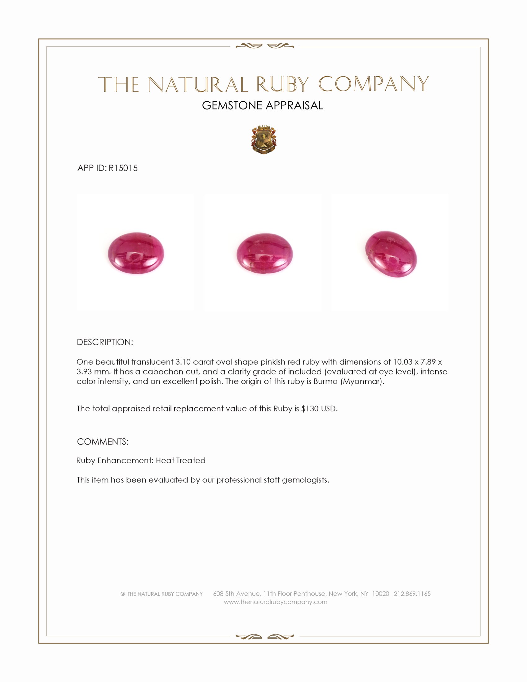 3.10 Ct. Cabochon Ruby from Burma (Myanmar)