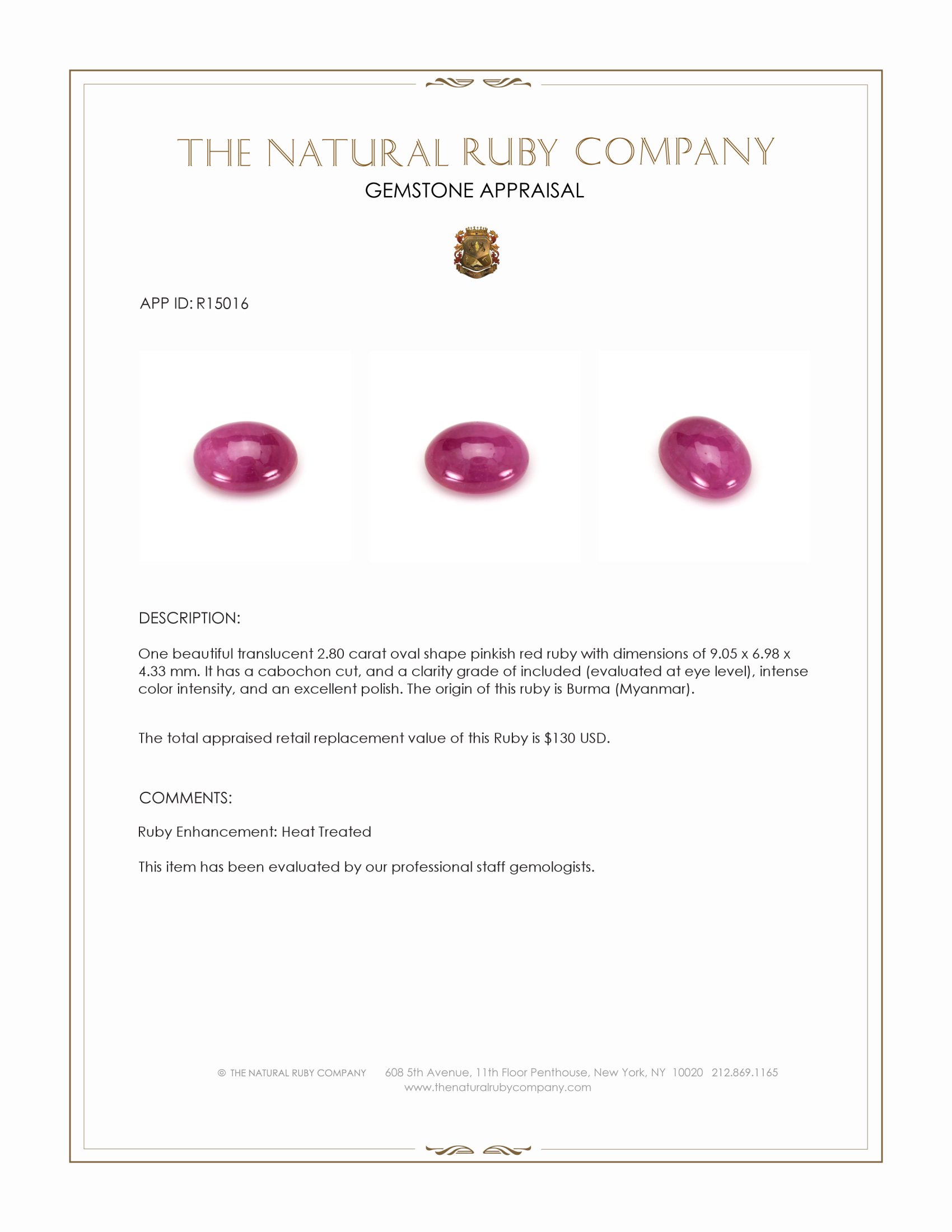 2.80 Ct. Cabochon Ruby from Burma (Myanmar)