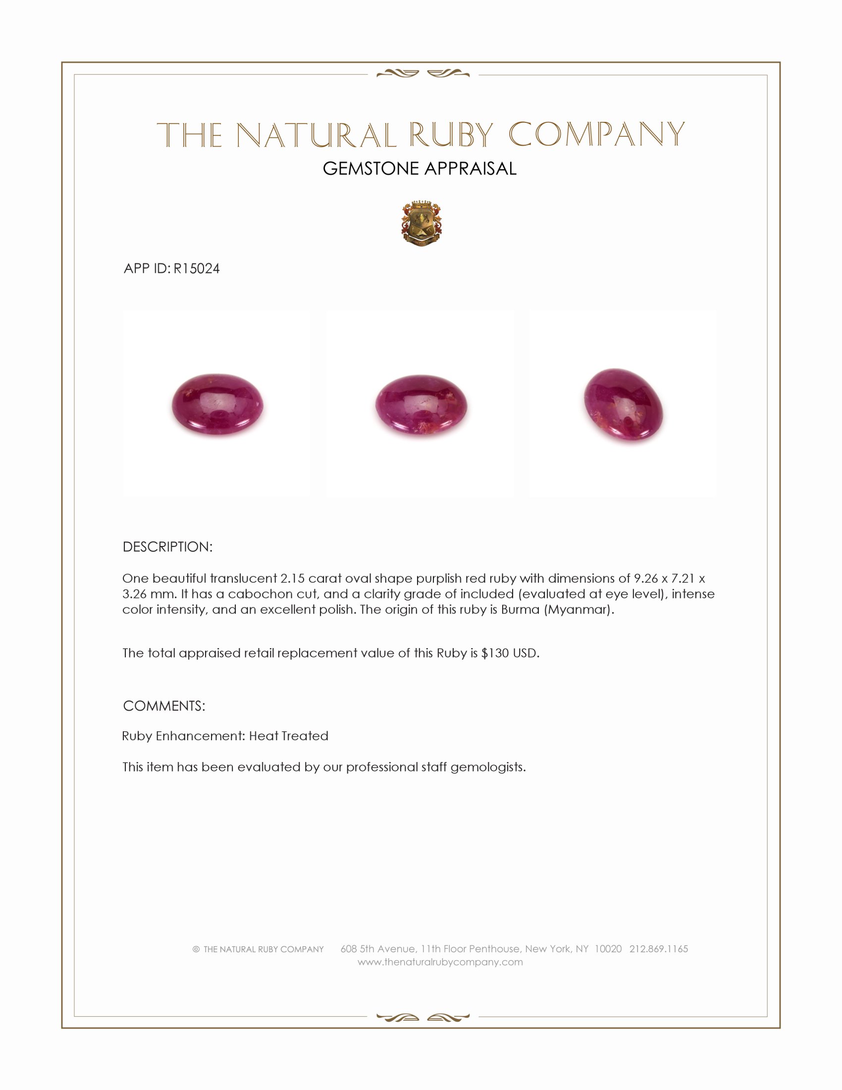 2.15 Ct. Cabochon Ruby from Burma (Myanmar)