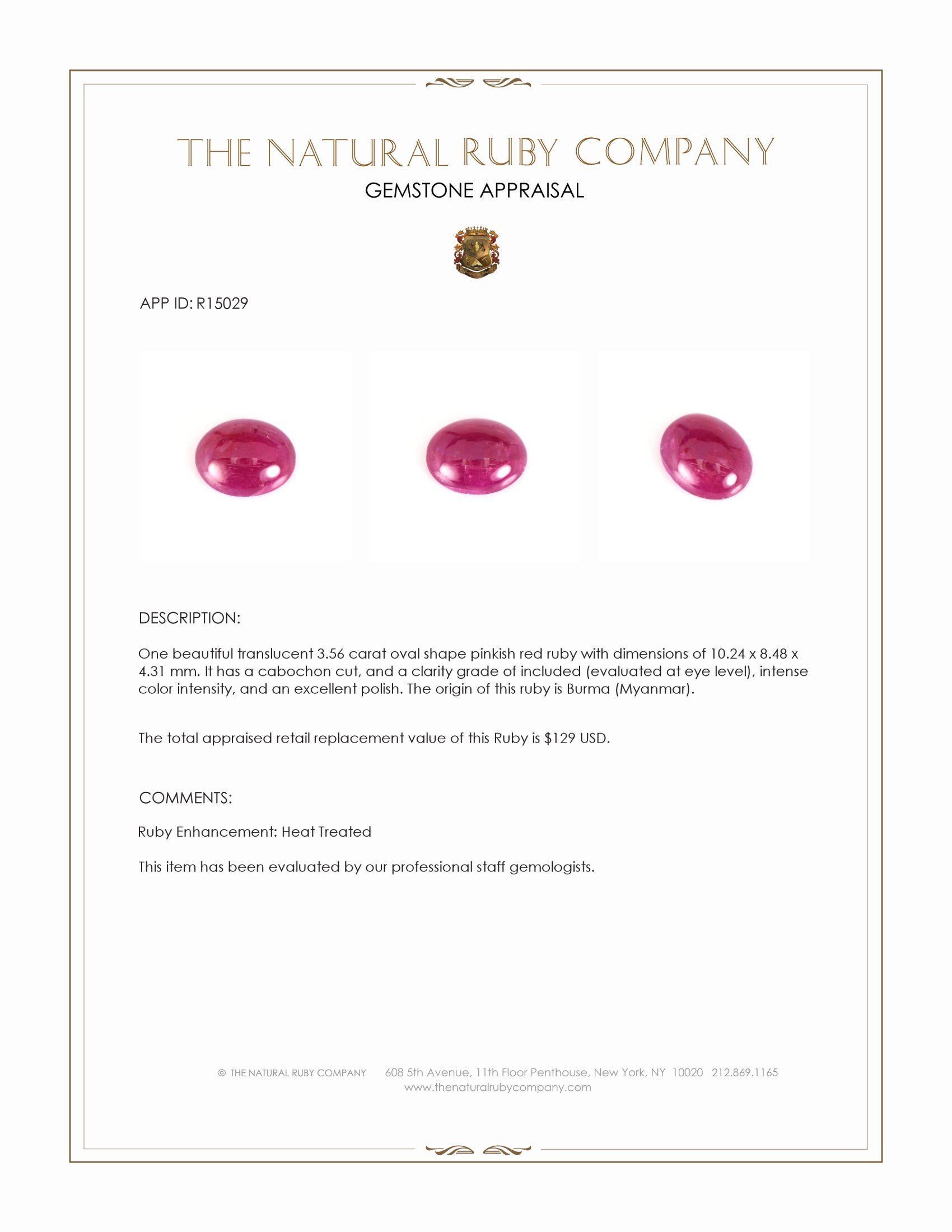 3.56 Ct. Cabochon Ruby from Burma (Myanmar)