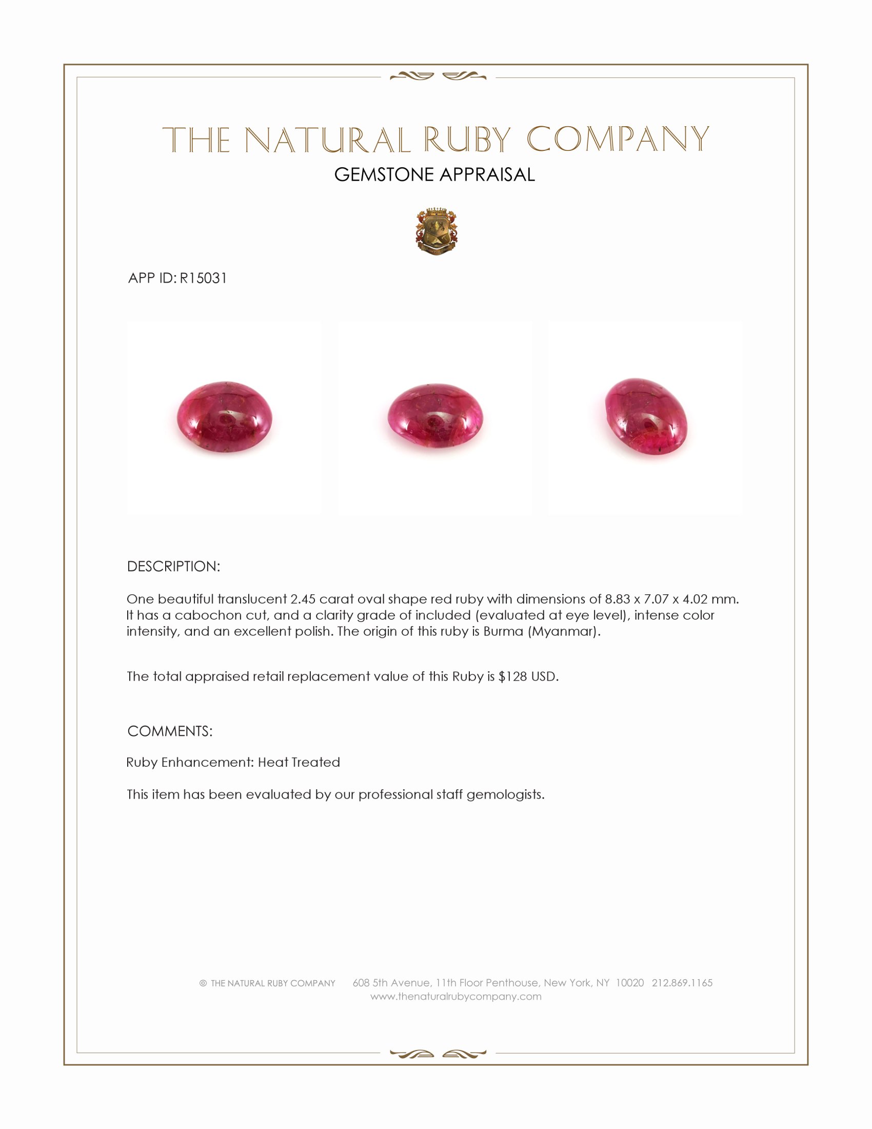 2.45 Ct. Cabochon Ruby from Burma (Myanmar)