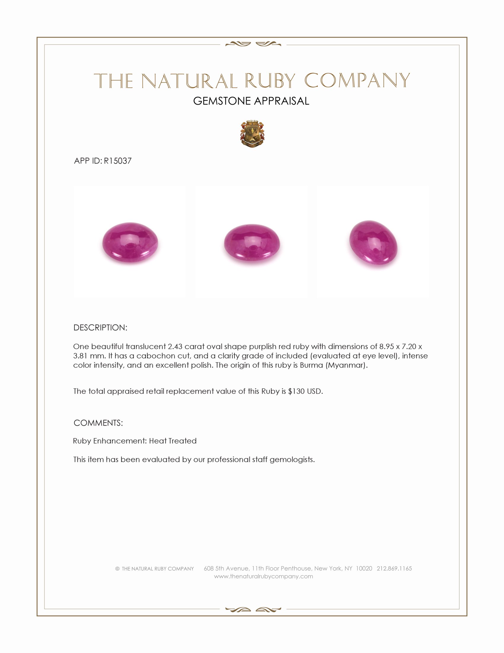 2.43 Ct. Cabochon Ruby from Burma (Myanmar)