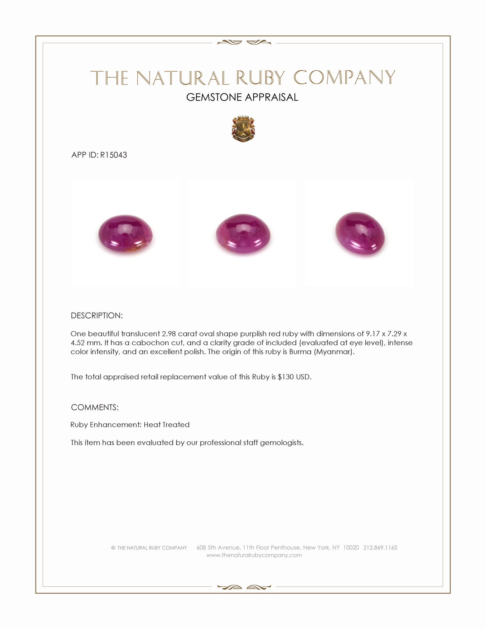 2.98 Ct. Cabochon Ruby from Burma (Myanmar)