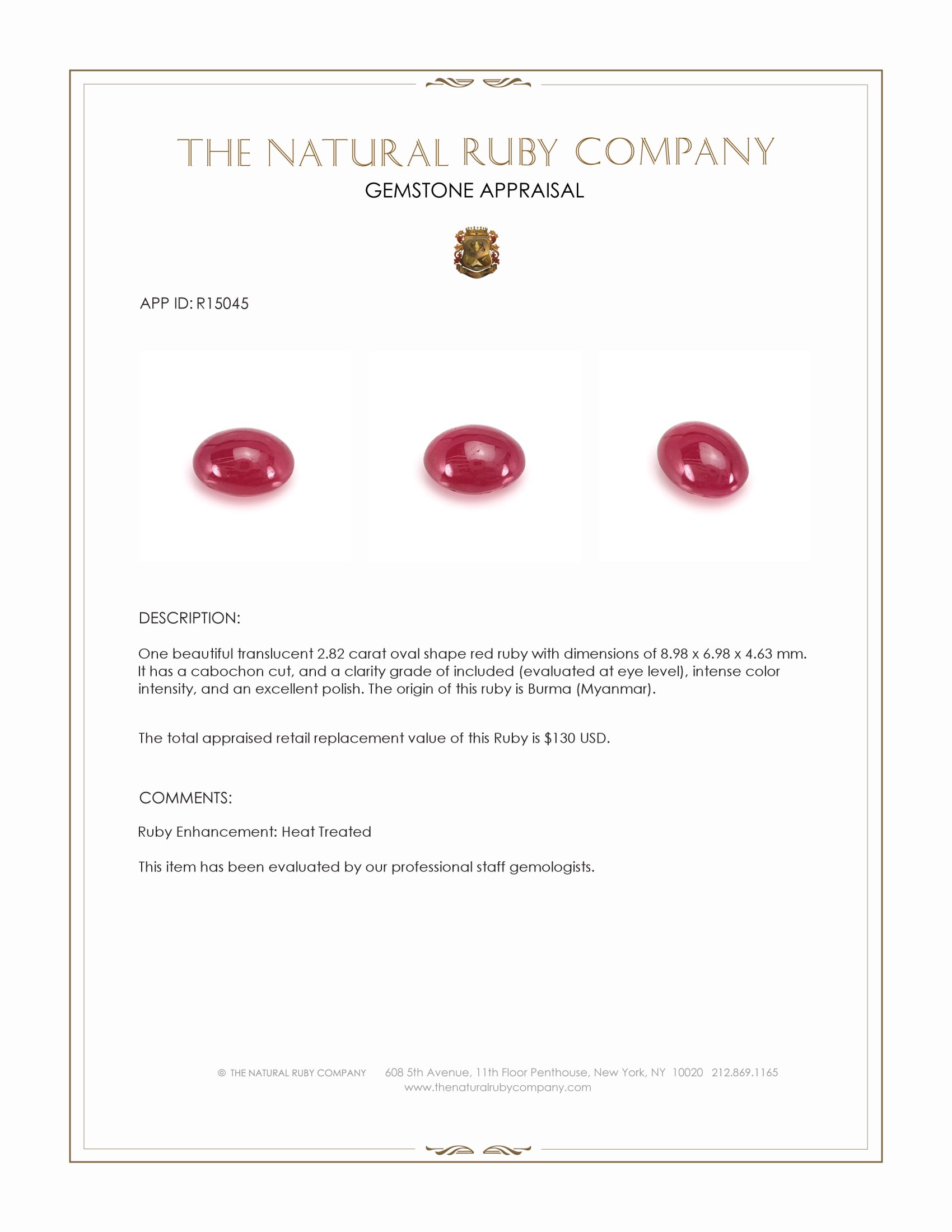 2.82 Ct. Cabochon Ruby from Burma (Myanmar)