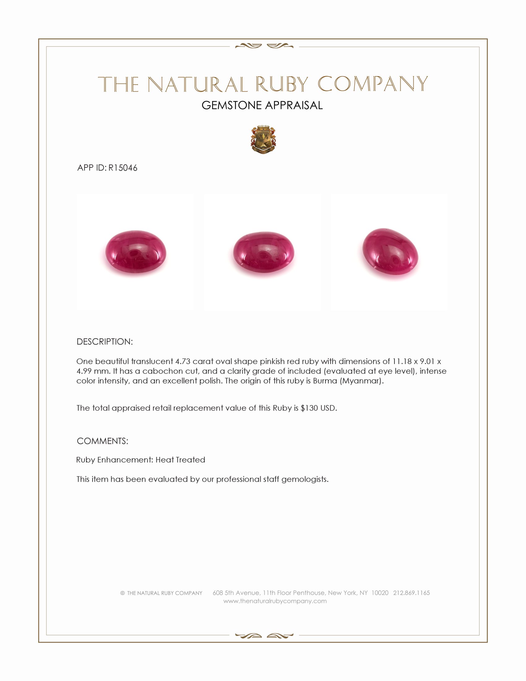 4.73 Ct. Cabochon Ruby from Burma (Myanmar)