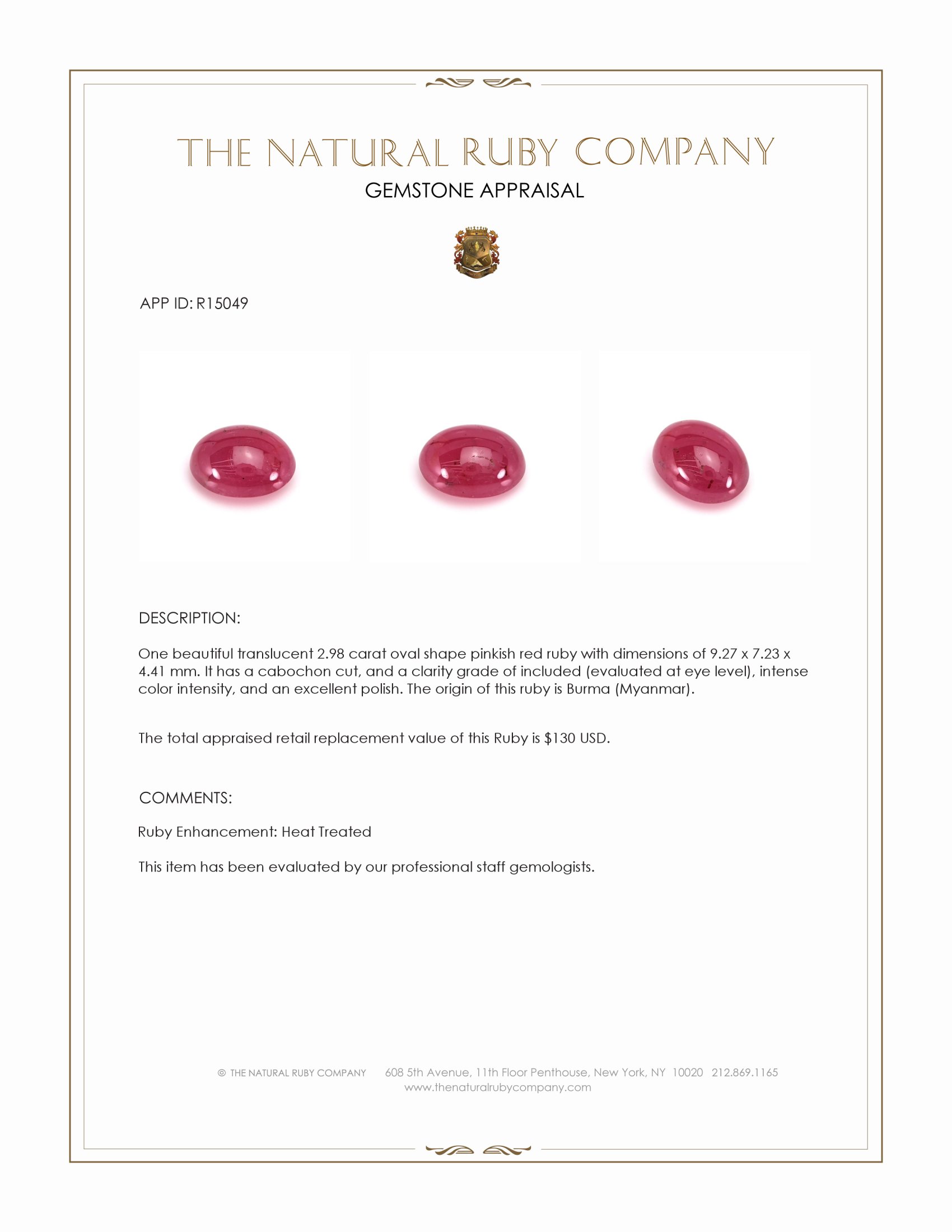 2.98 Ct. Cabochon Ruby from Burma (Myanmar)