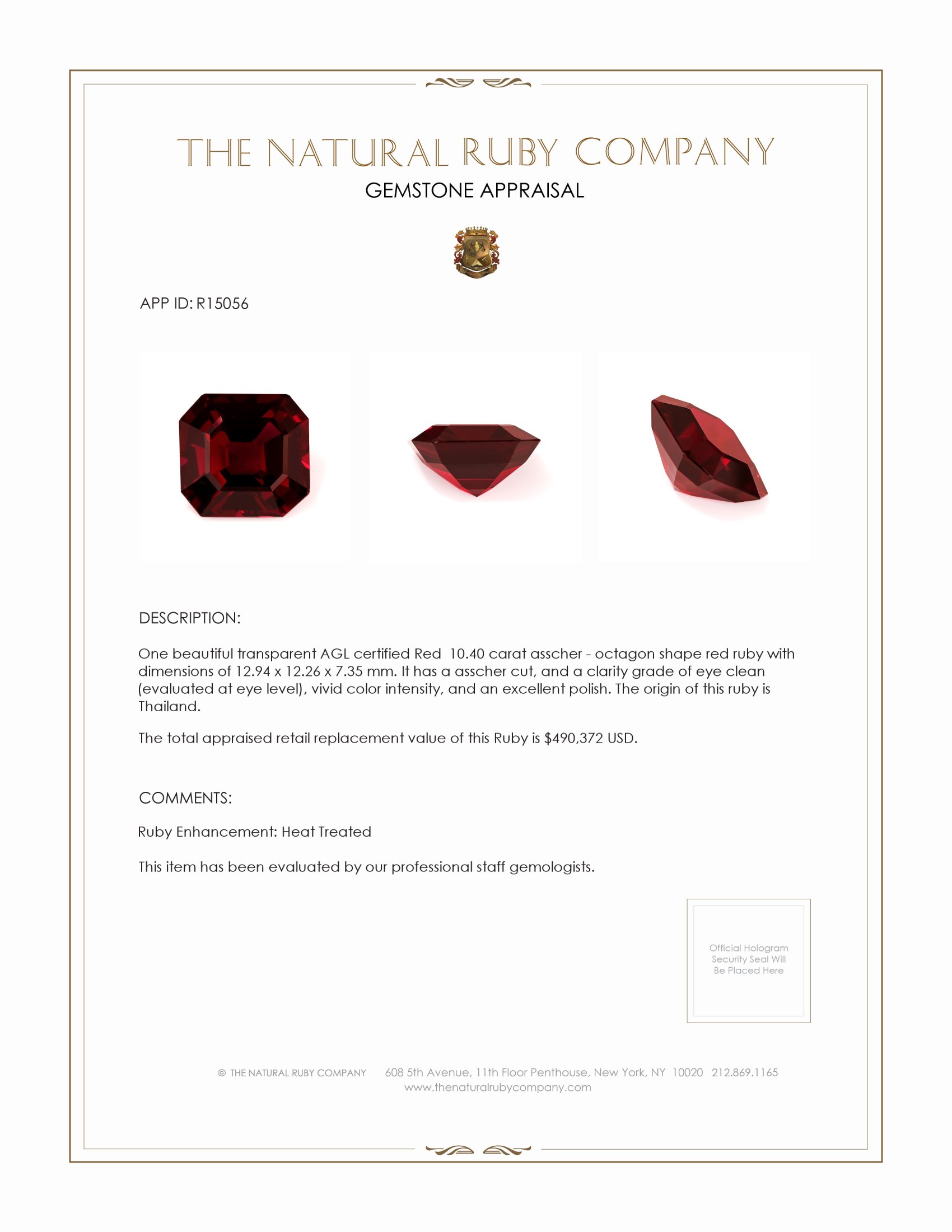 10.40 Ct. Ruby from Thailand