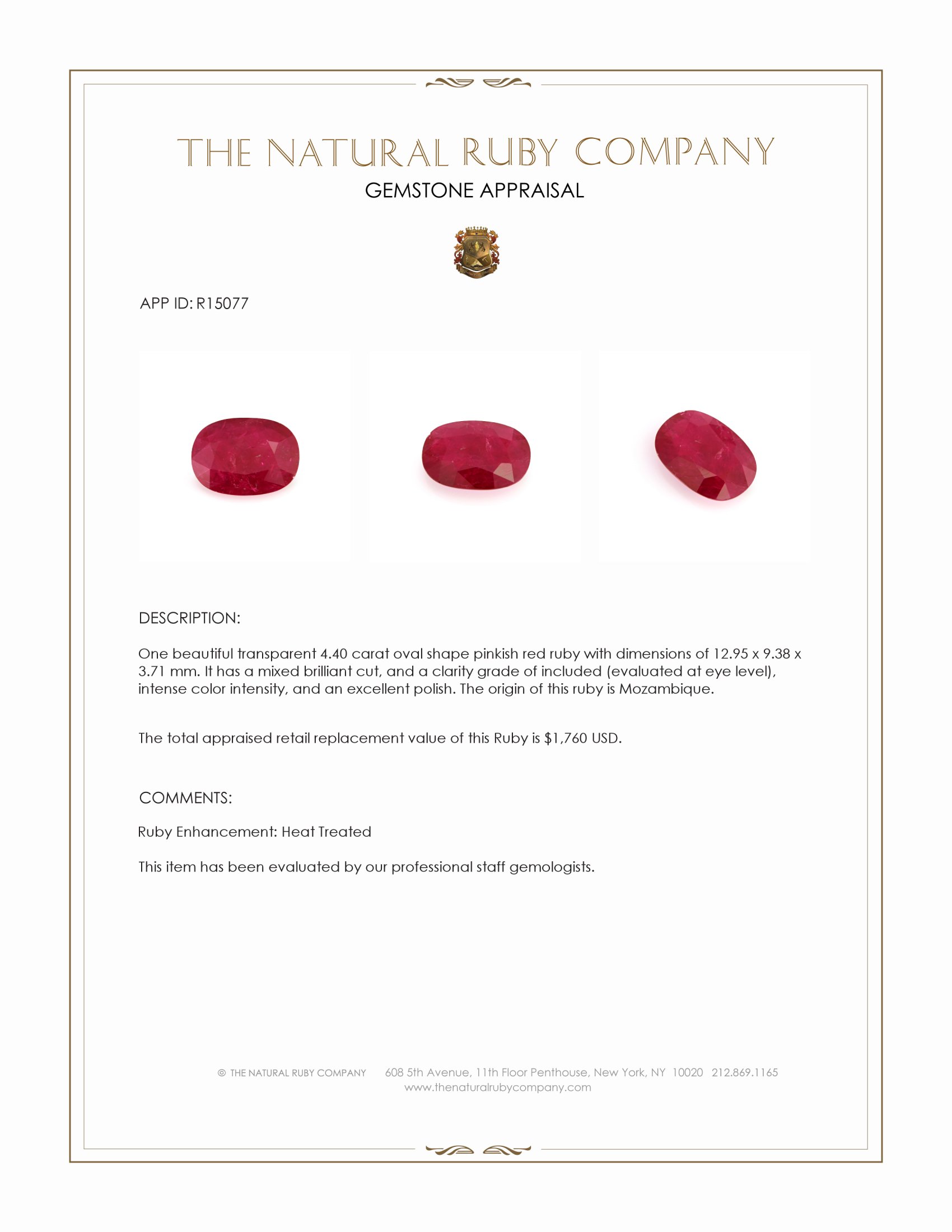 4.40 Ct. Pinkish Red Ruby from Mozambique