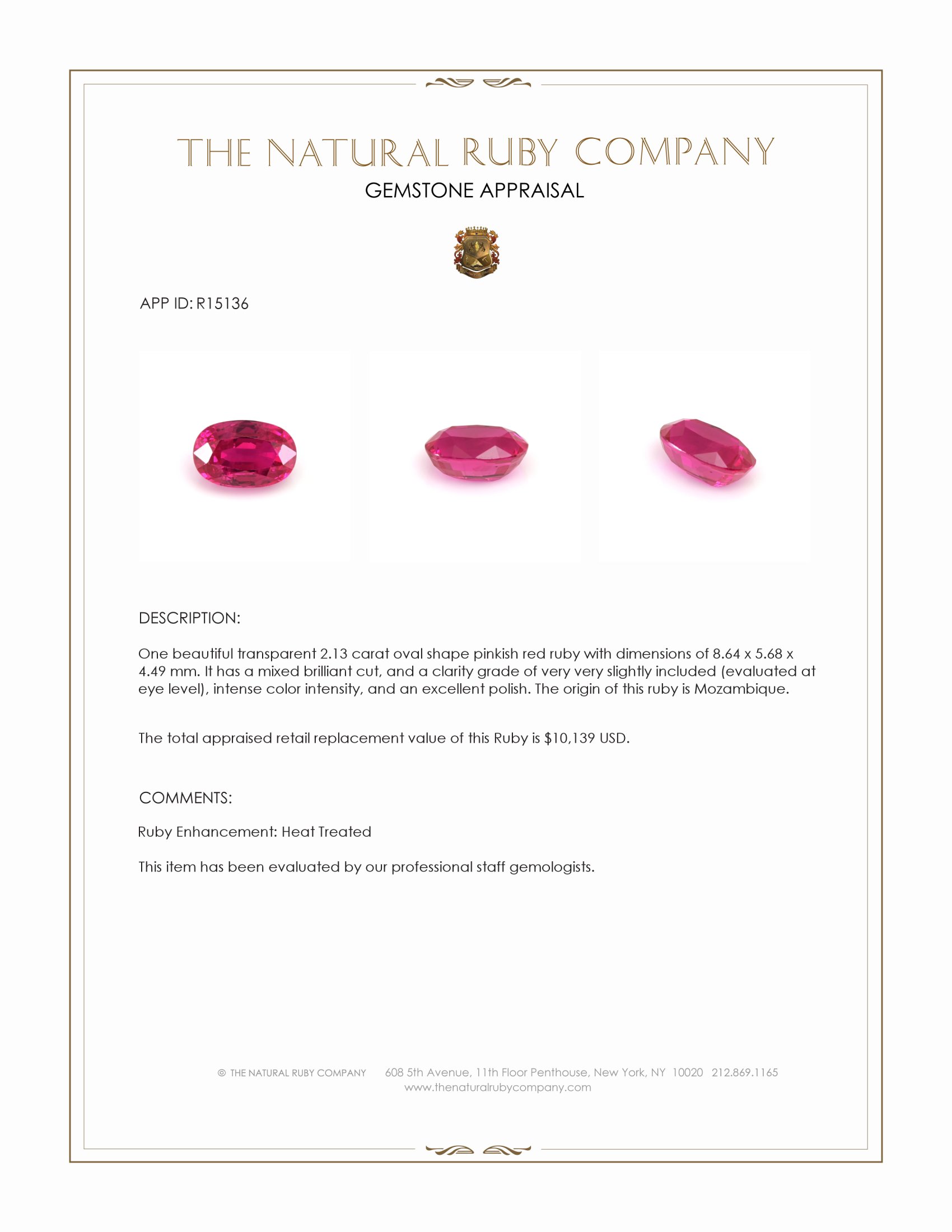 2.13 Ct. Pinkish Red Ruby from Mozambique