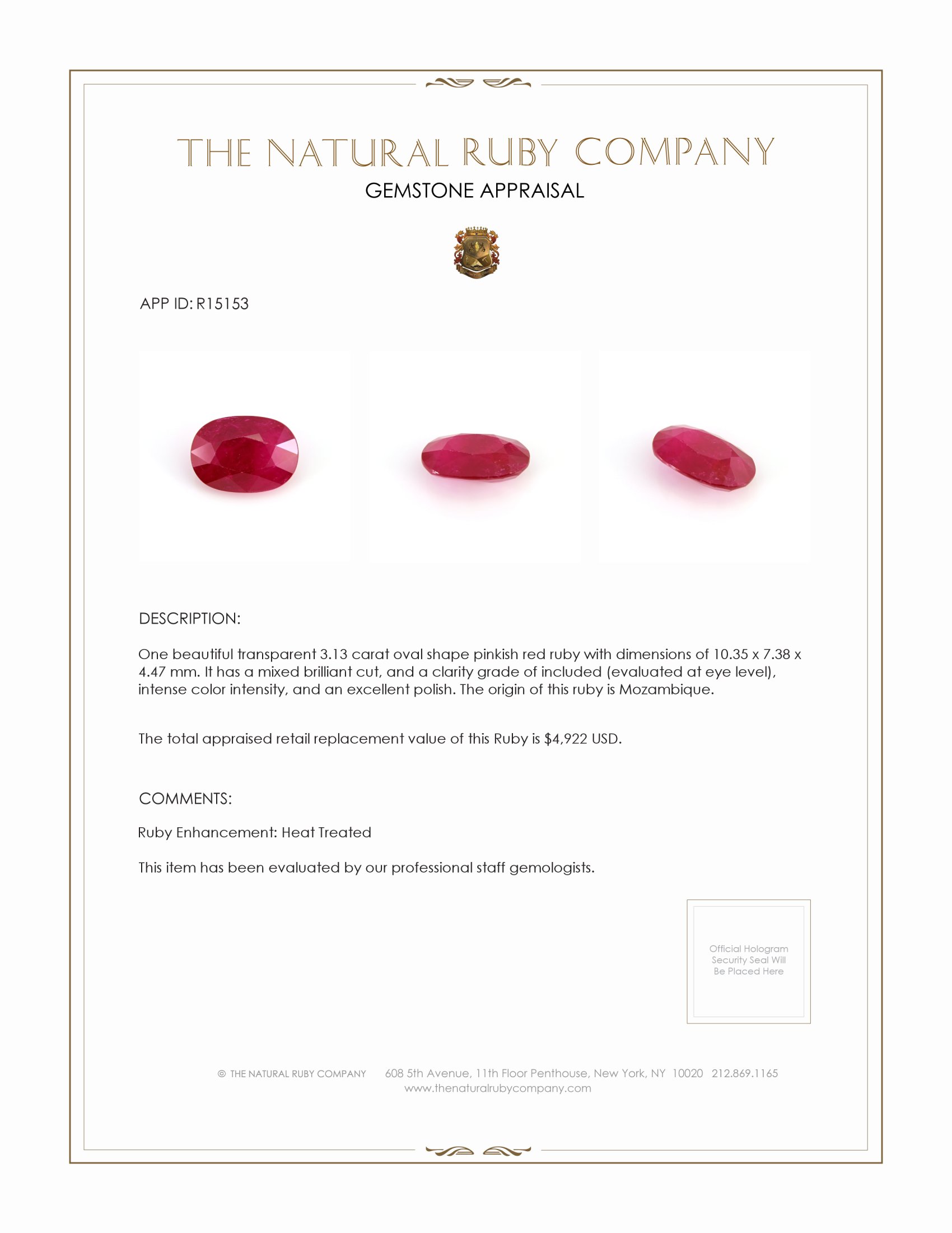 3.13 Ct. Pinkish Red Ruby from Mozambique