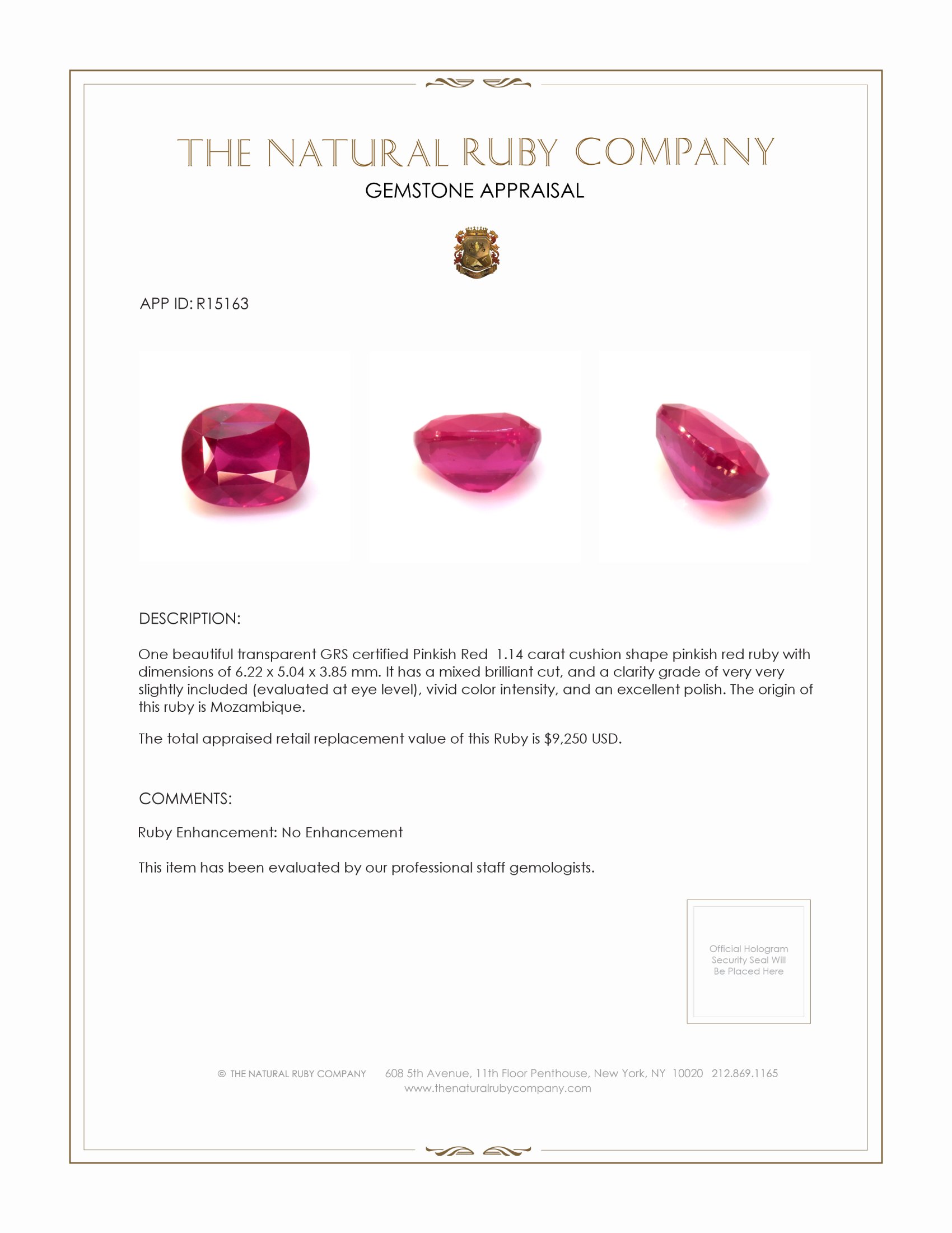 1.14 Ct. Ruby from Mozambique