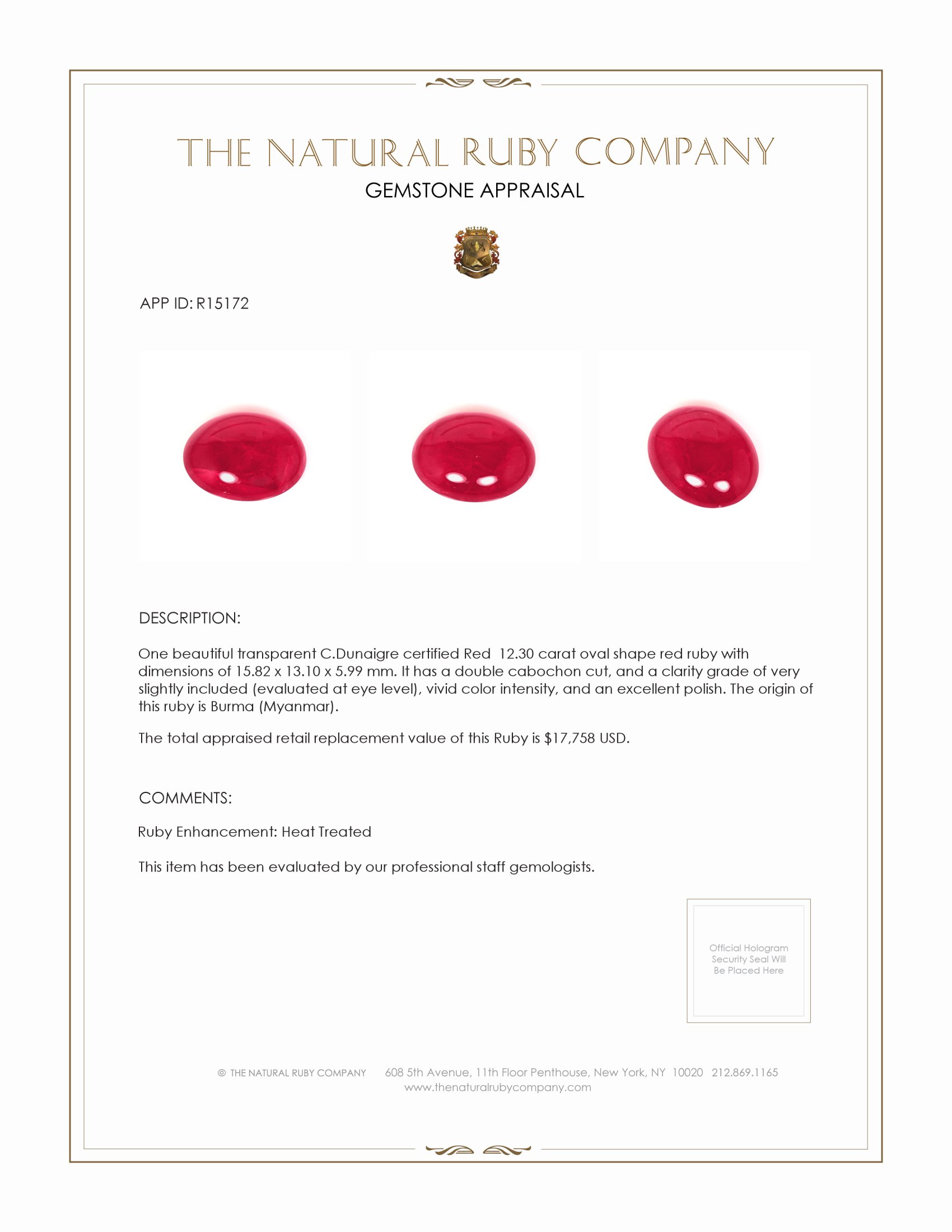 12.30 Ct. Cabochon Ruby from Burma (Myanmar)