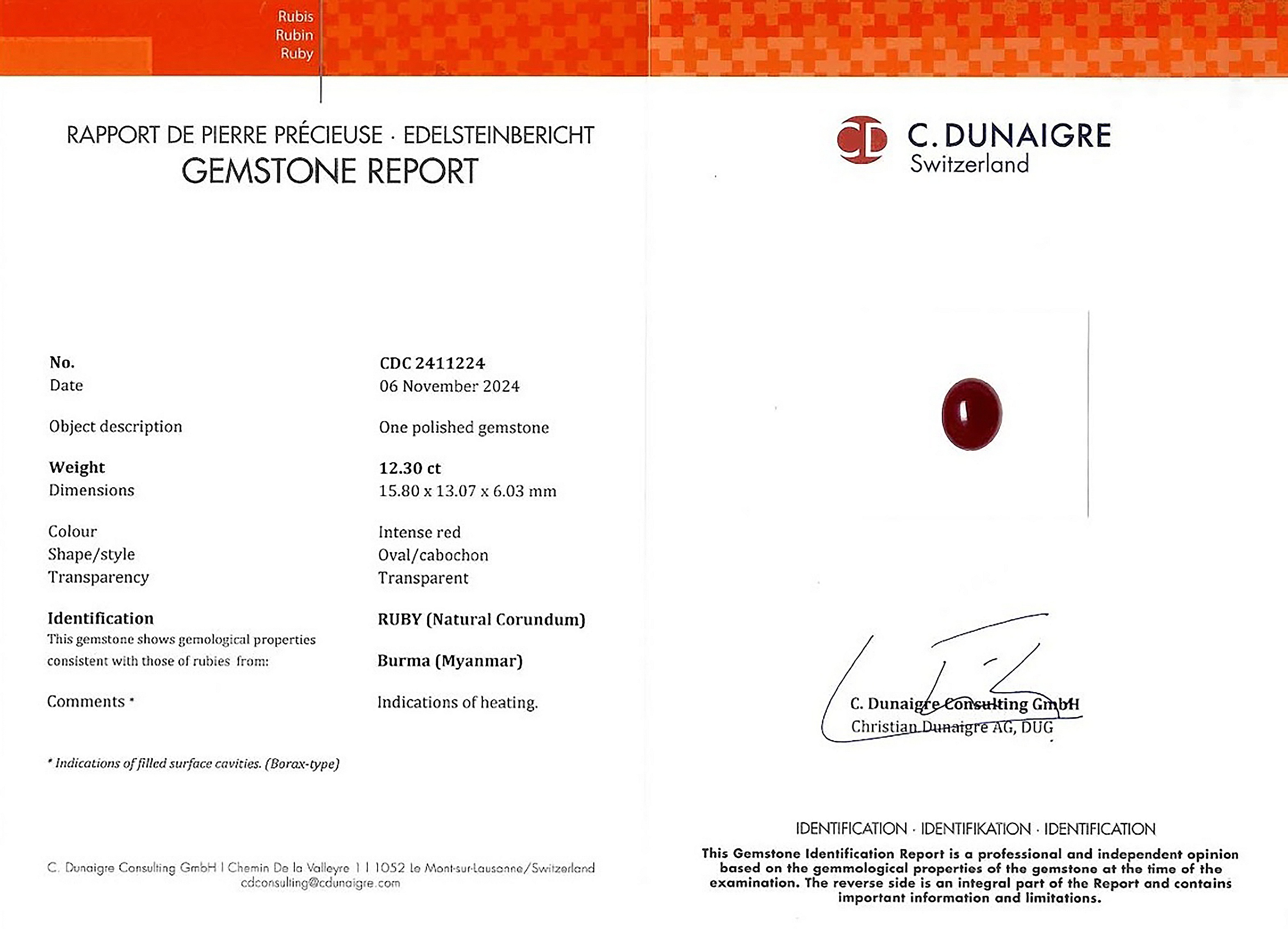 12.30 Ct. Cabochon Ruby from Burma (Myanmar)