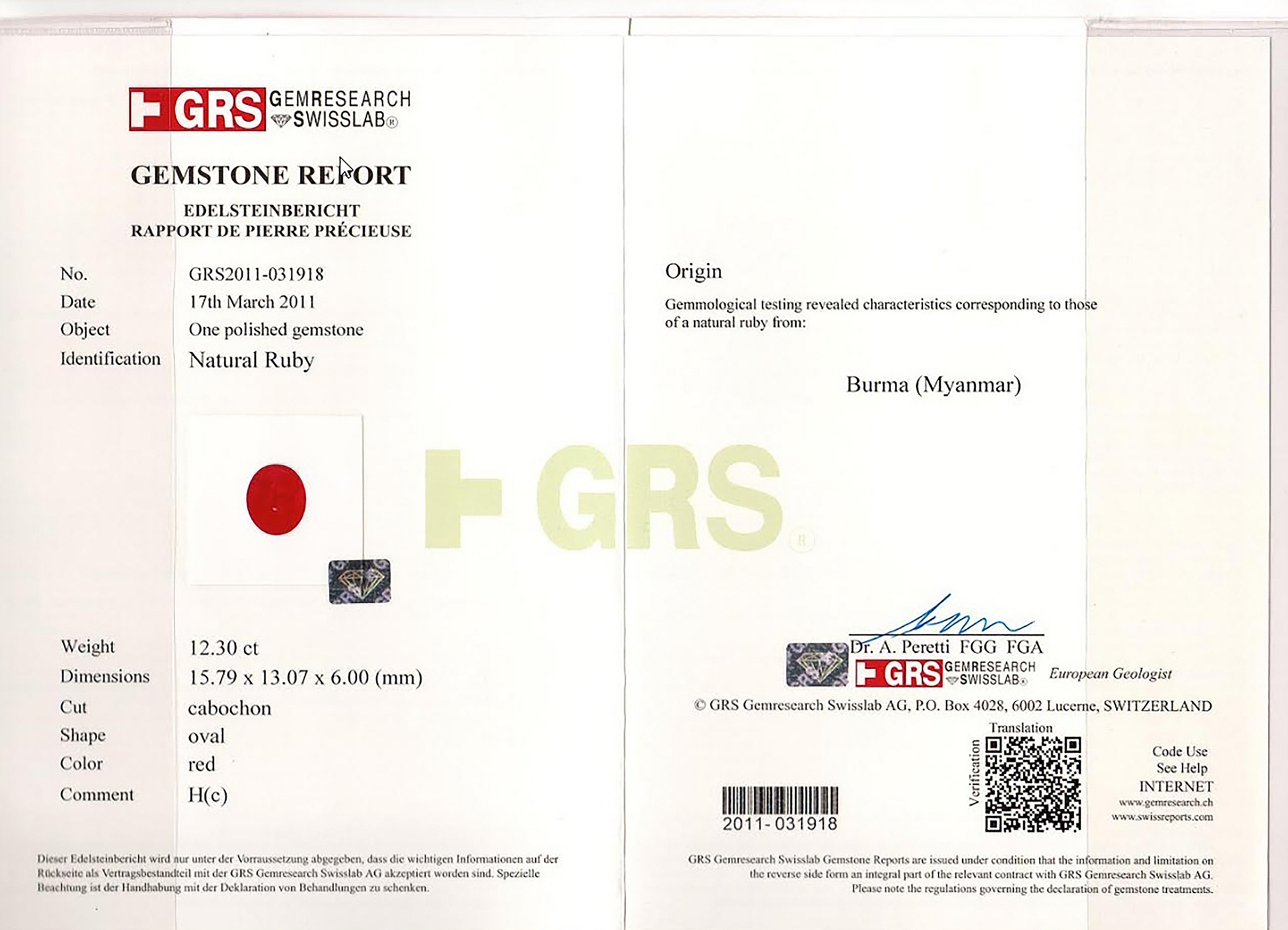 12.30 Ct. Cabochon Ruby from Burma (Myanmar)