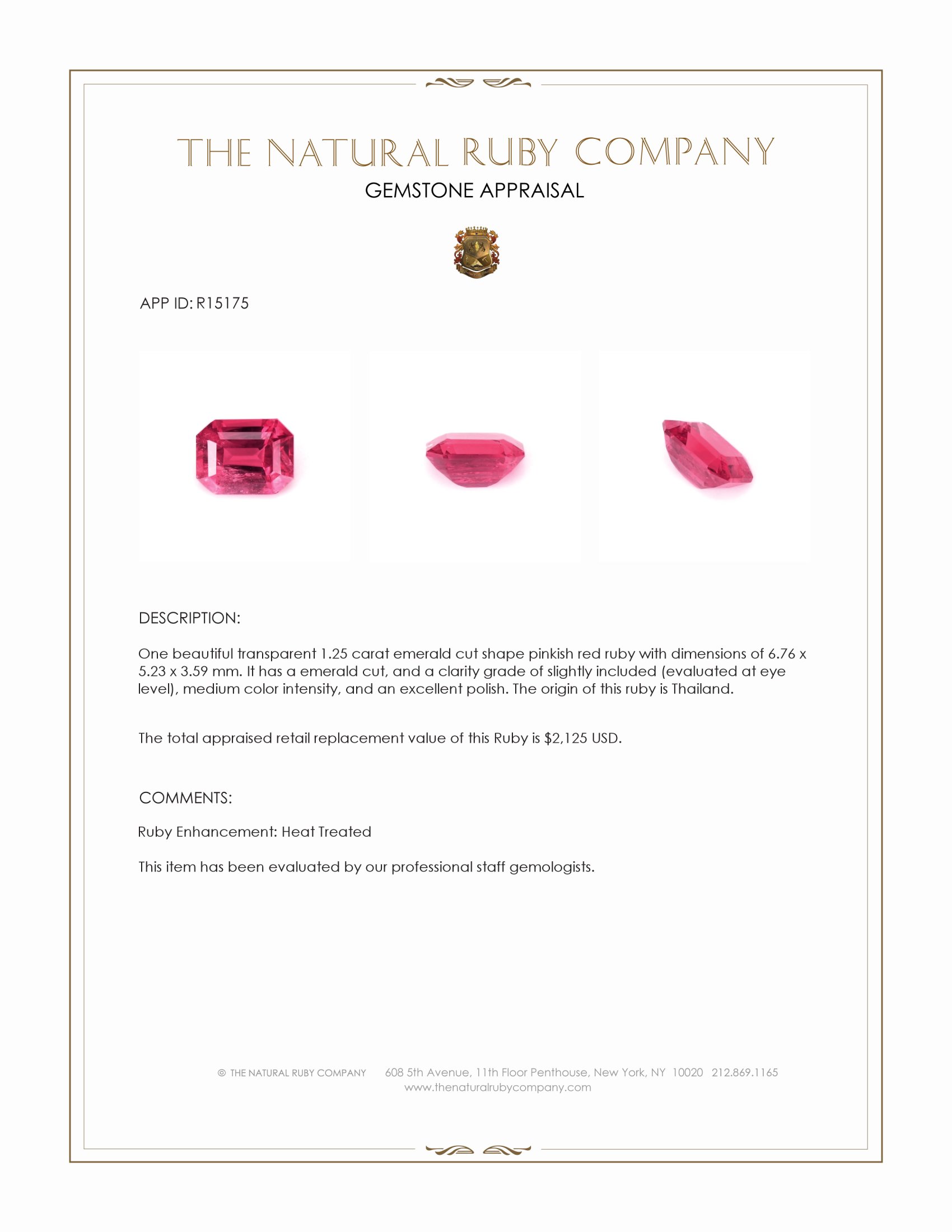 1.25 Ct. Pinkish Red Ruby from Thailand