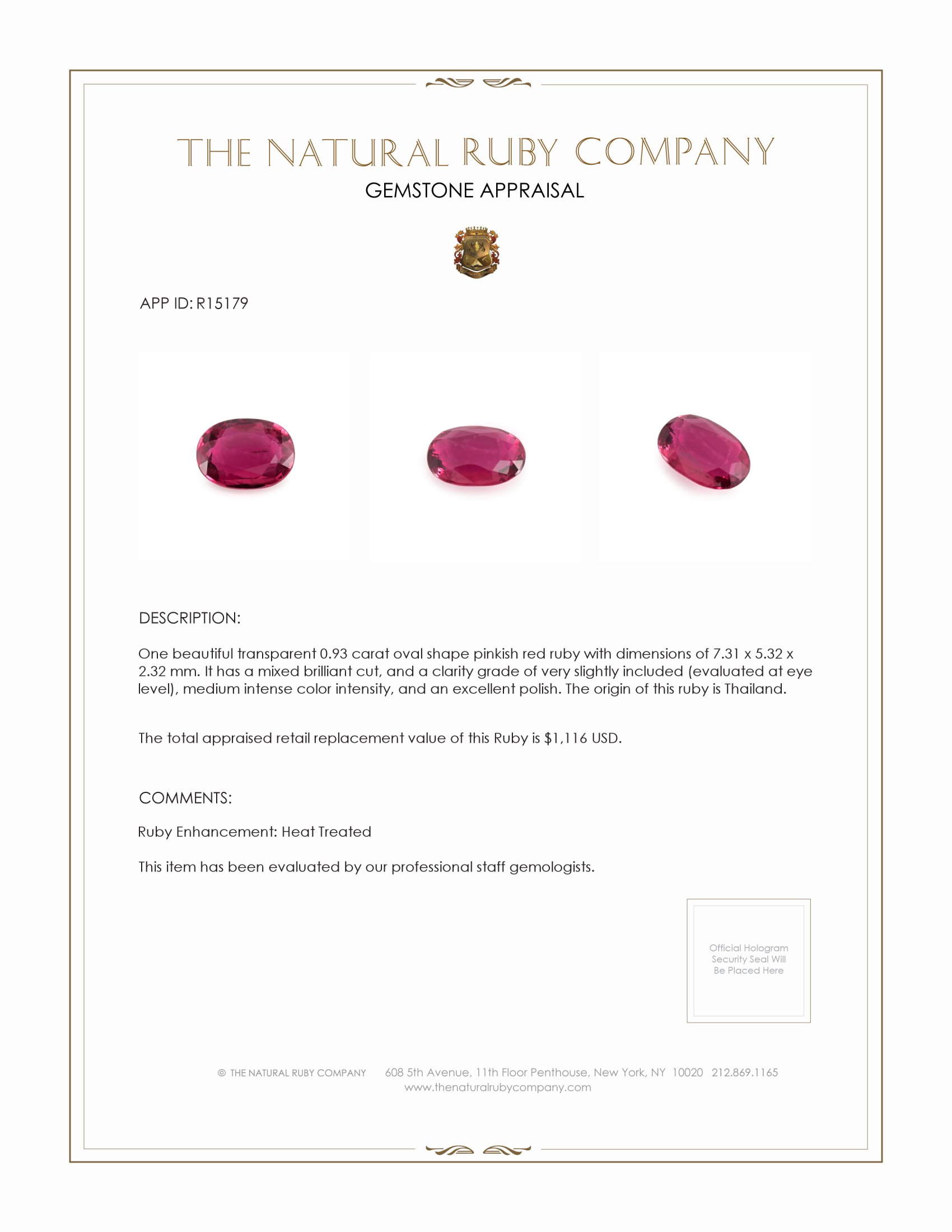 0.93 Ct. Ruby from Thailand