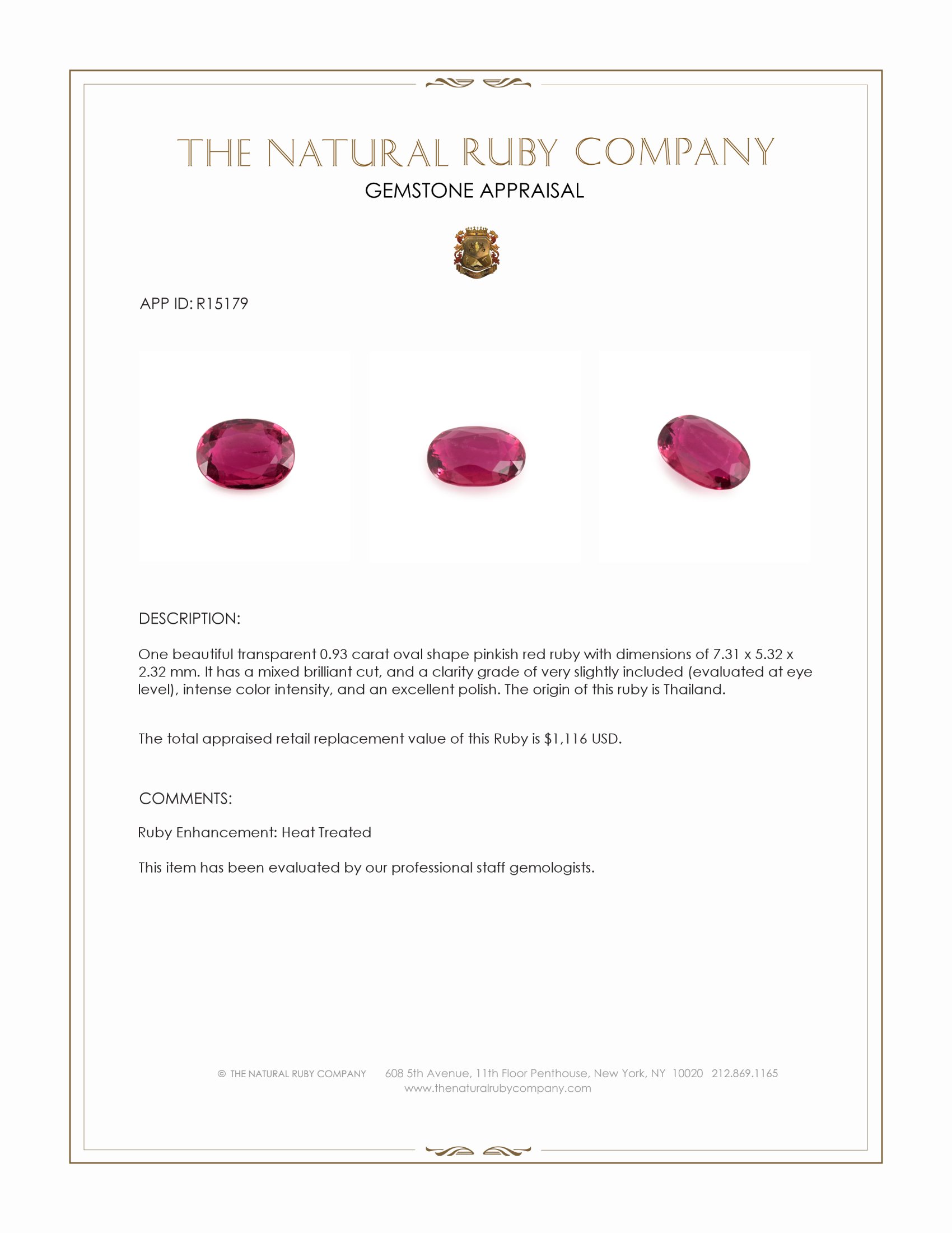 0.93 Ct. Pinkish Red Ruby from Thailand