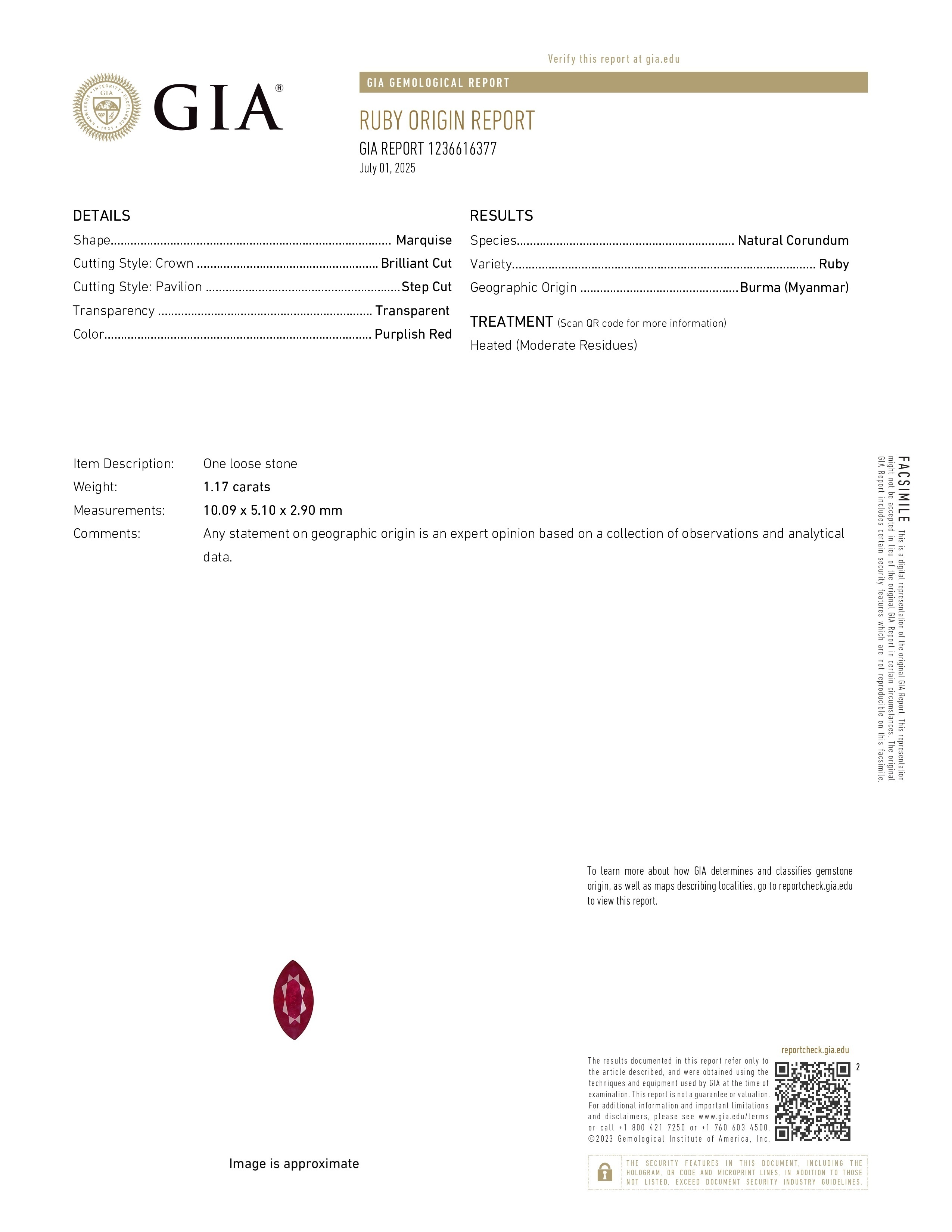 1.17 Ct. Purplish Red Ruby from Burma (Myanmar)