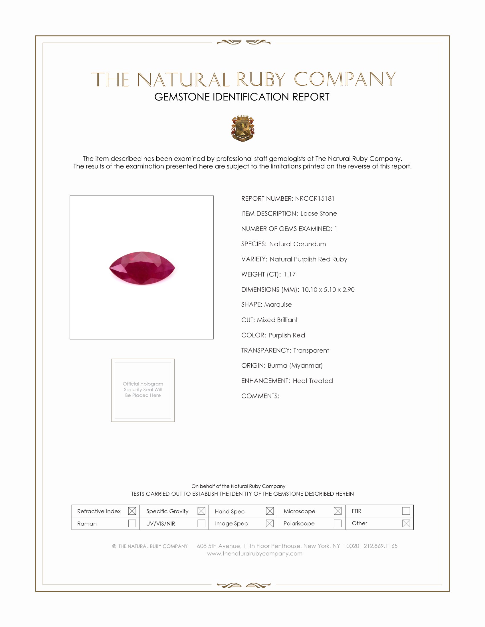 1.17 Ct. Purplish Red Ruby from Burma (Myanmar)
