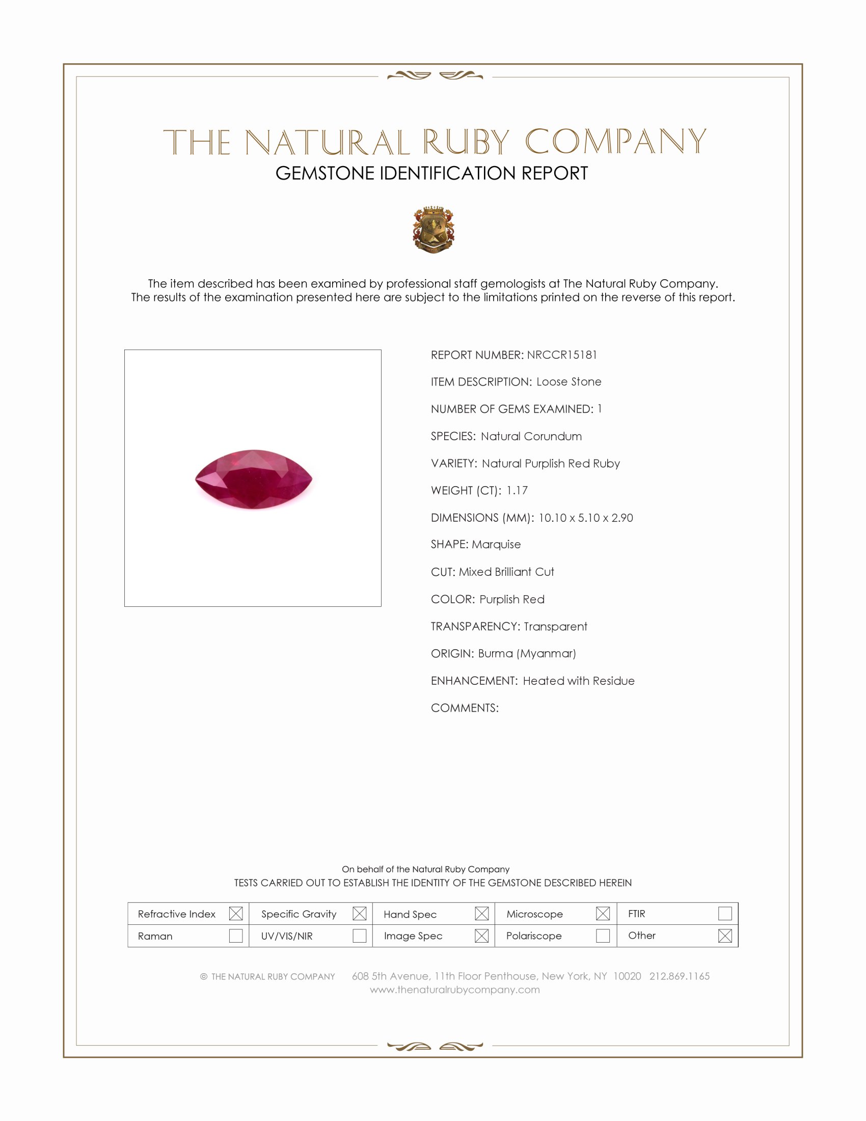 1.17 Ct. Purplish Red Ruby from Burma (Myanmar)