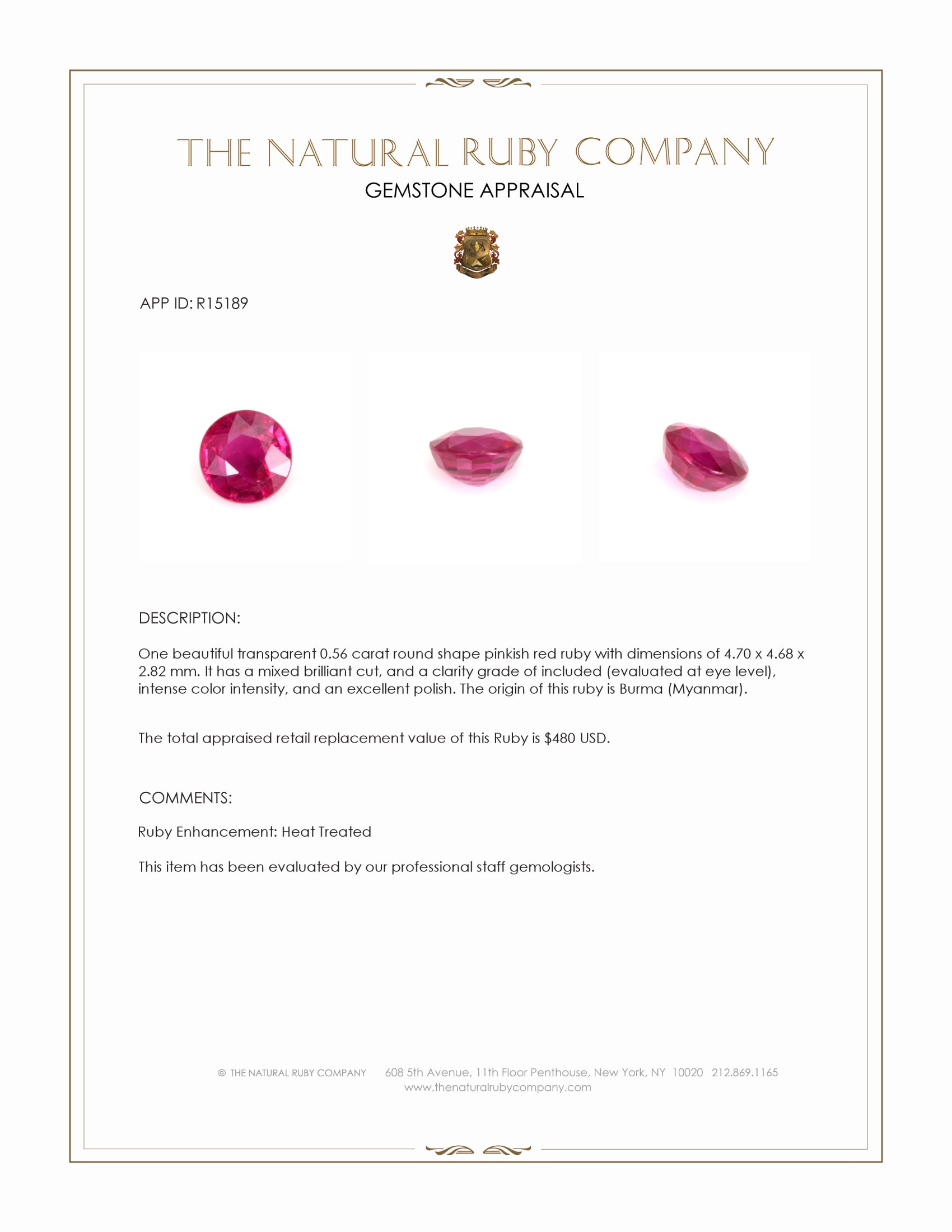 0.56 Ct. Pinkish Red Ruby from Burma (Myanmar)