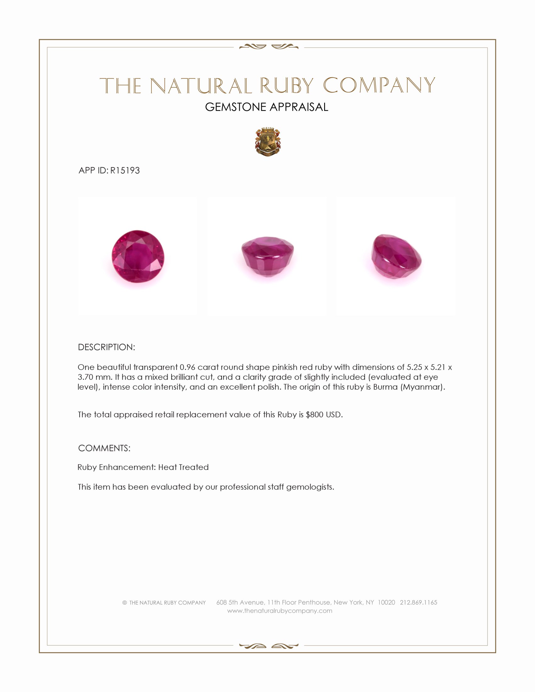 0.96 Ct. Pinkish Red Ruby from Burma (Myanmar)