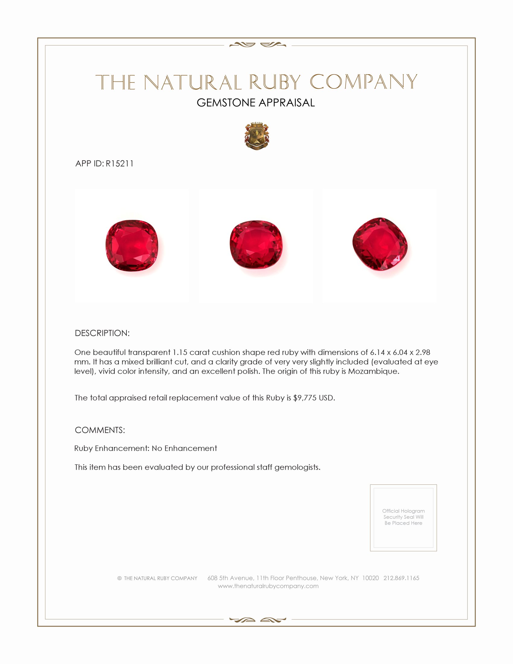 1.15 Ct. Ruby from Mozambique