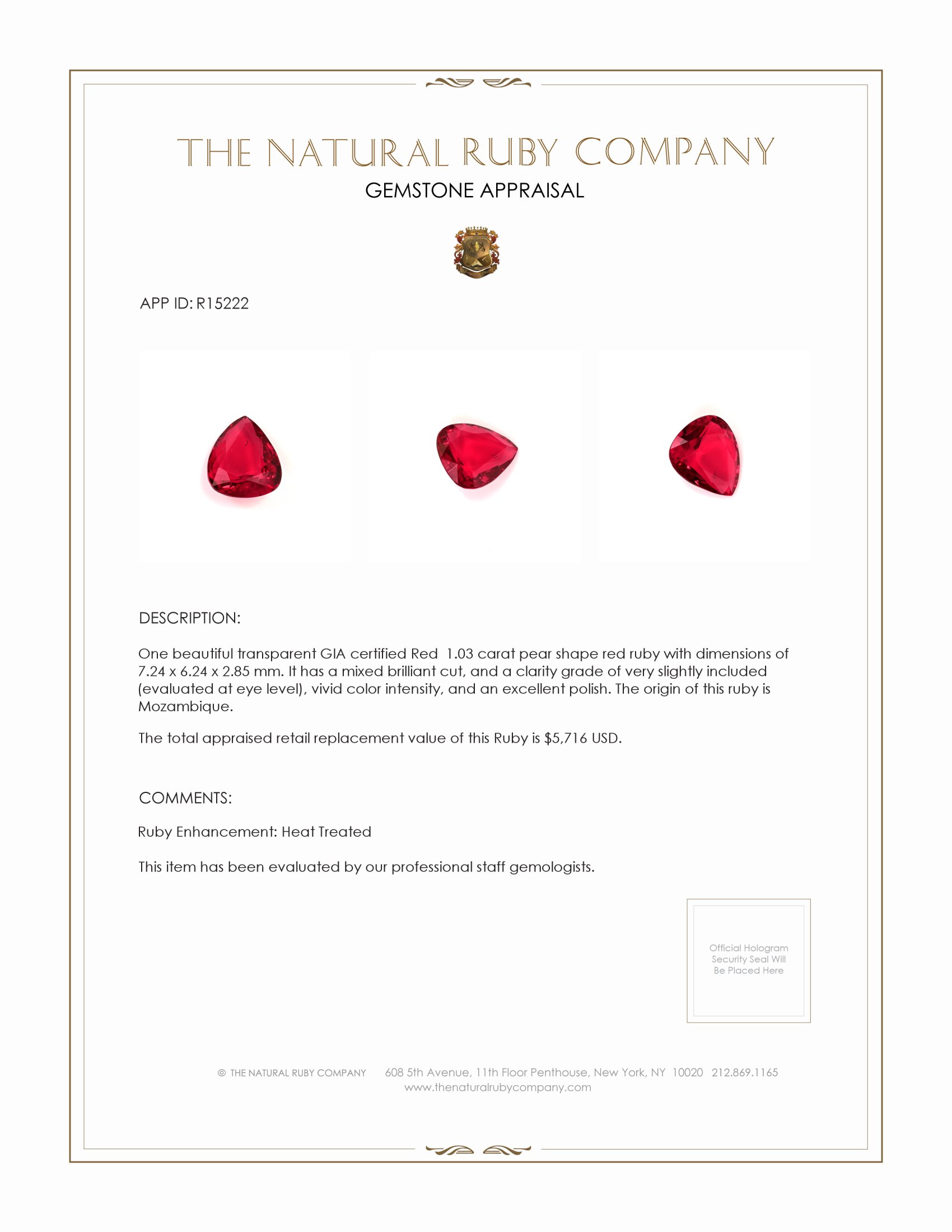 1.03 Ct. Ruby from Thailand