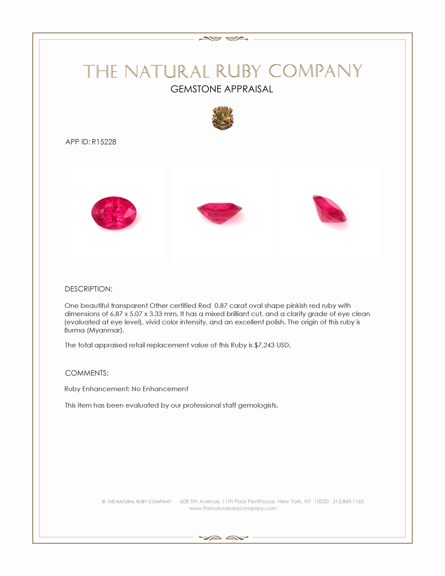 0.87 Ct. Pinkish Red Ruby from Burma (Myanmar)