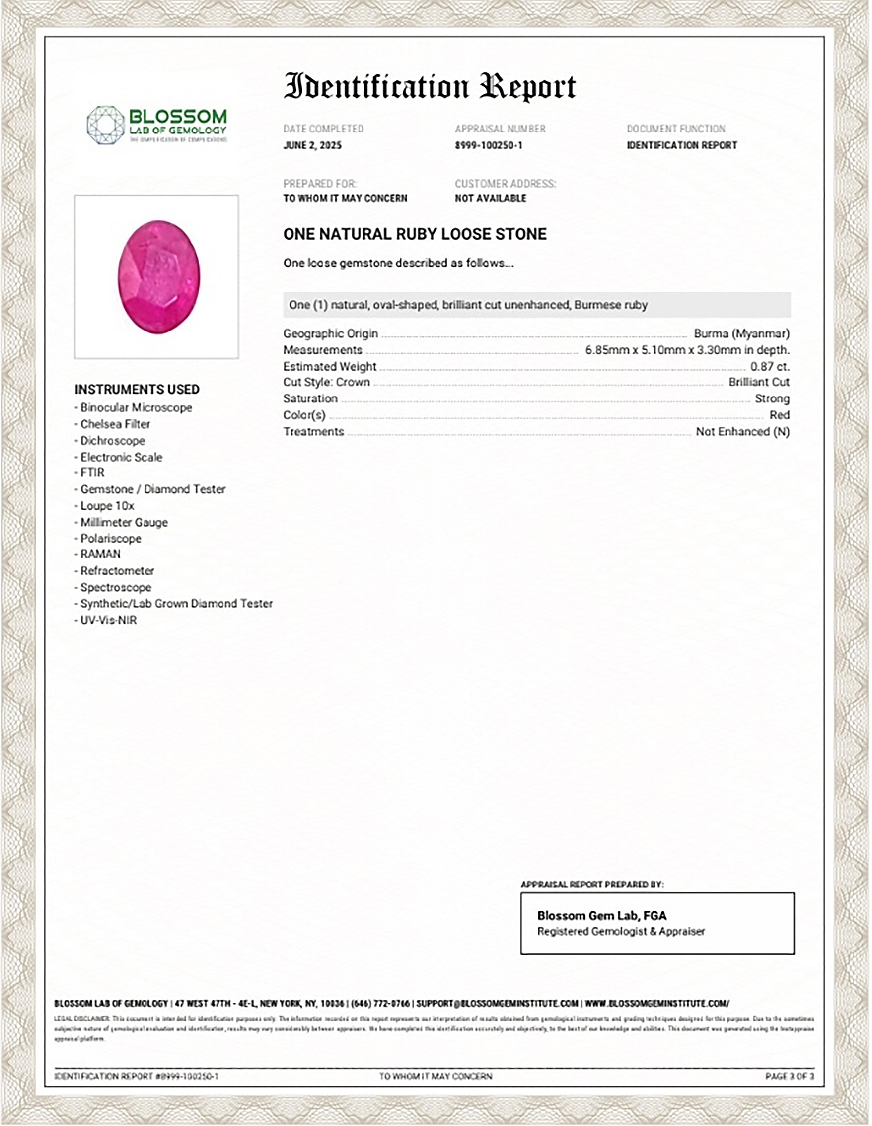 0.87 Ct. Ruby from Burma (Myanmar)