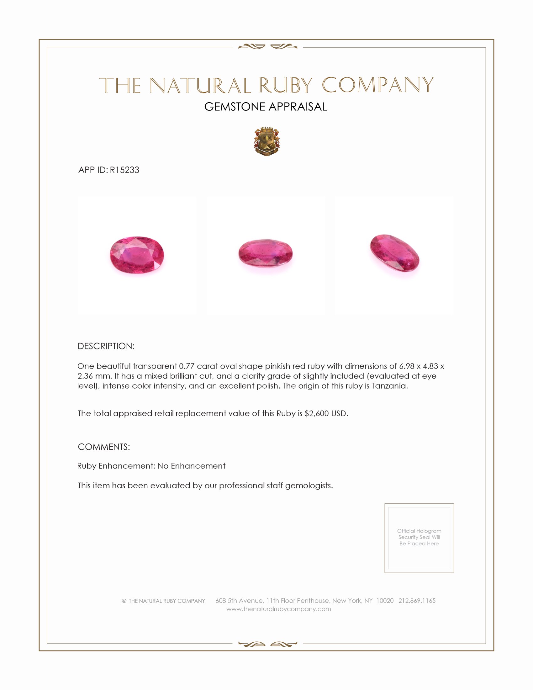 0.77 Ct. Pinkish Red Ruby from Tanzania