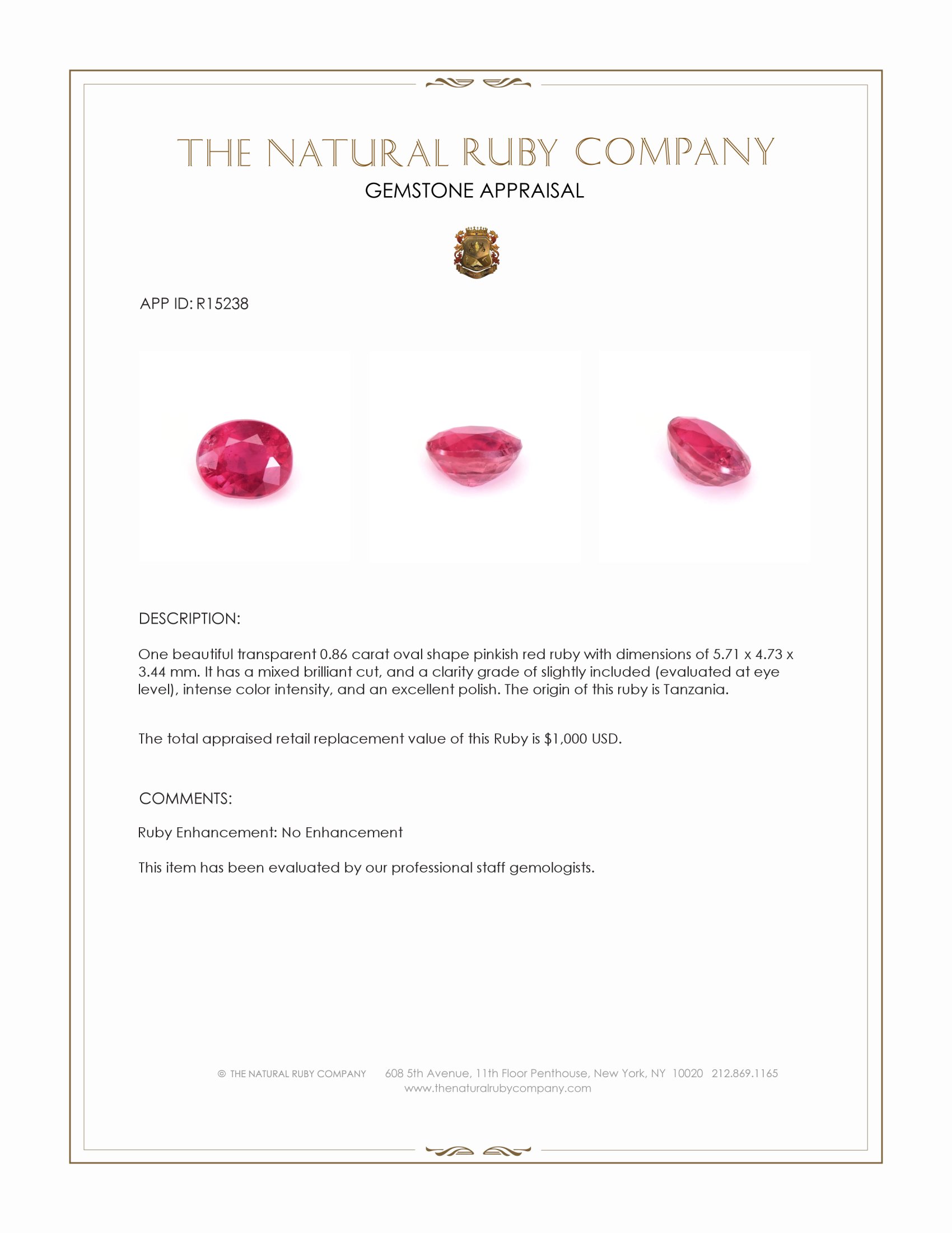 0.86 Ct. Pinkish Red Ruby from Tanzania