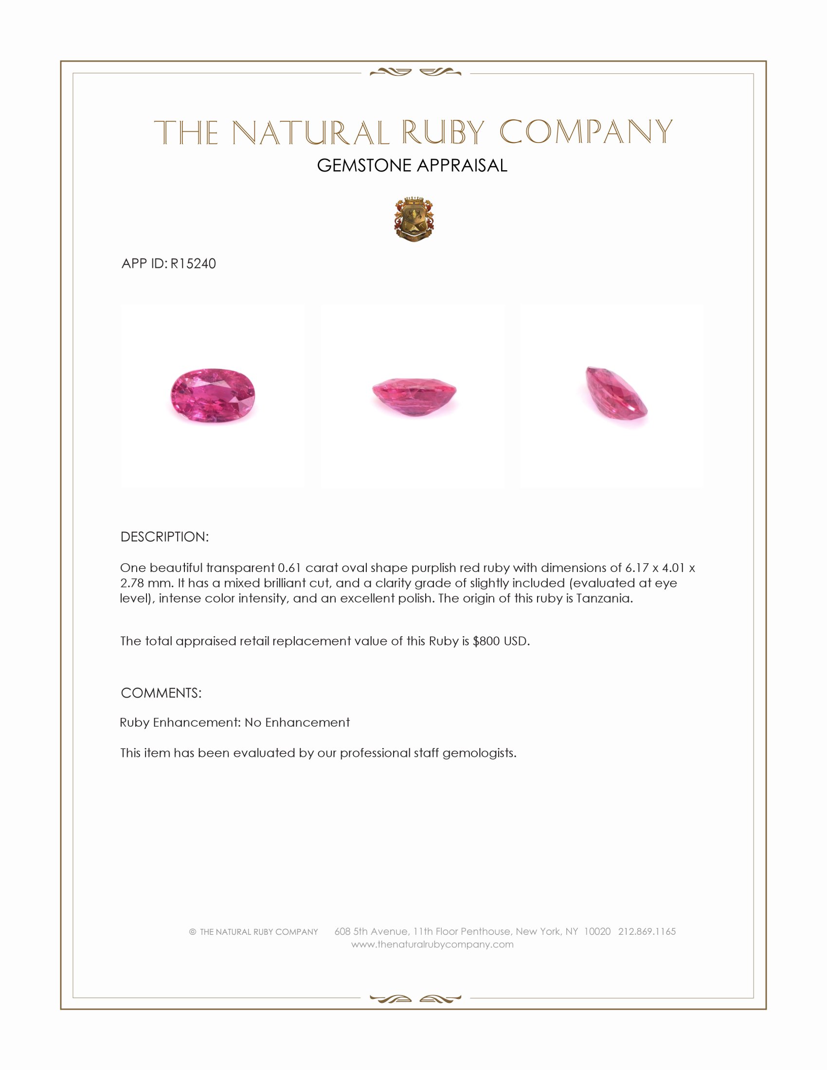 0.61 Ct. Purplish Red Ruby from Tanzania