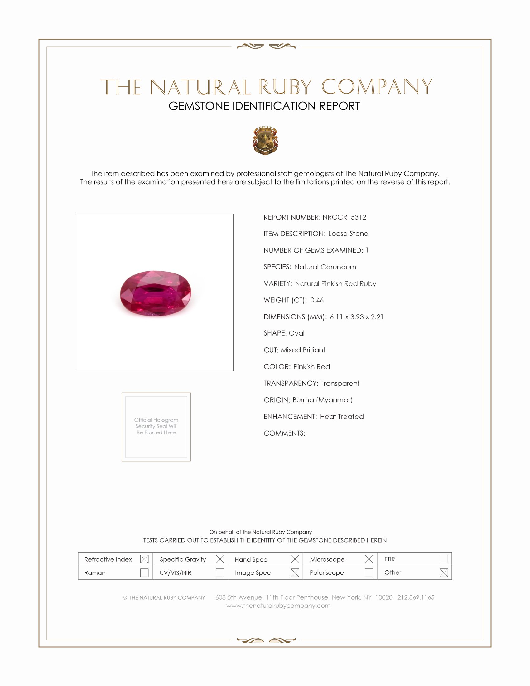0.46 Ct. Pinkish Red Ruby from Burma (Myanmar)