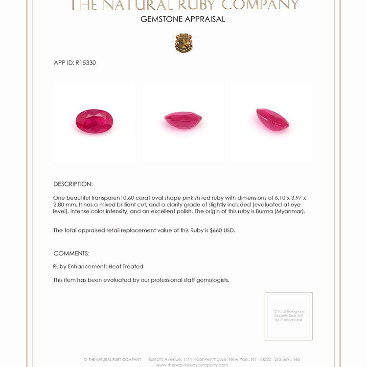 0.60 Ct. Ruby from Burma (Myanmar)