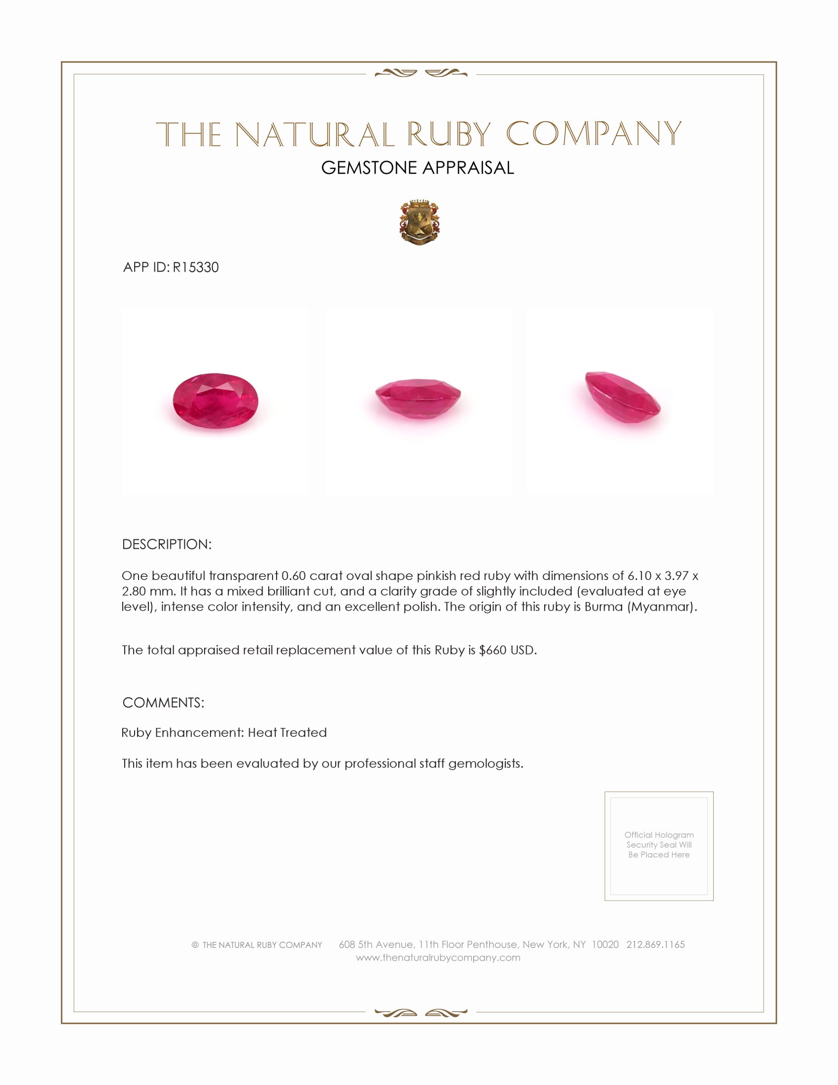 0.60 Ct. Ruby from Burma (Myanmar)