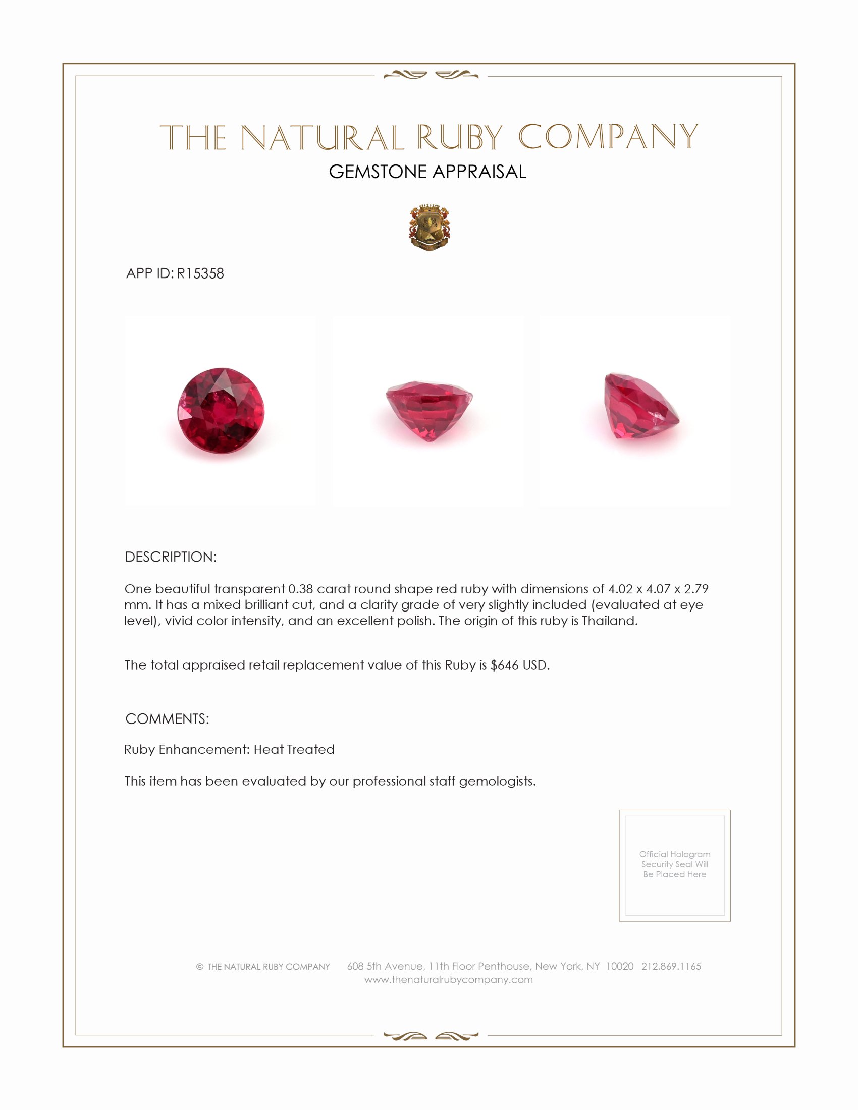 0.38 Ct. Ruby from Thailand