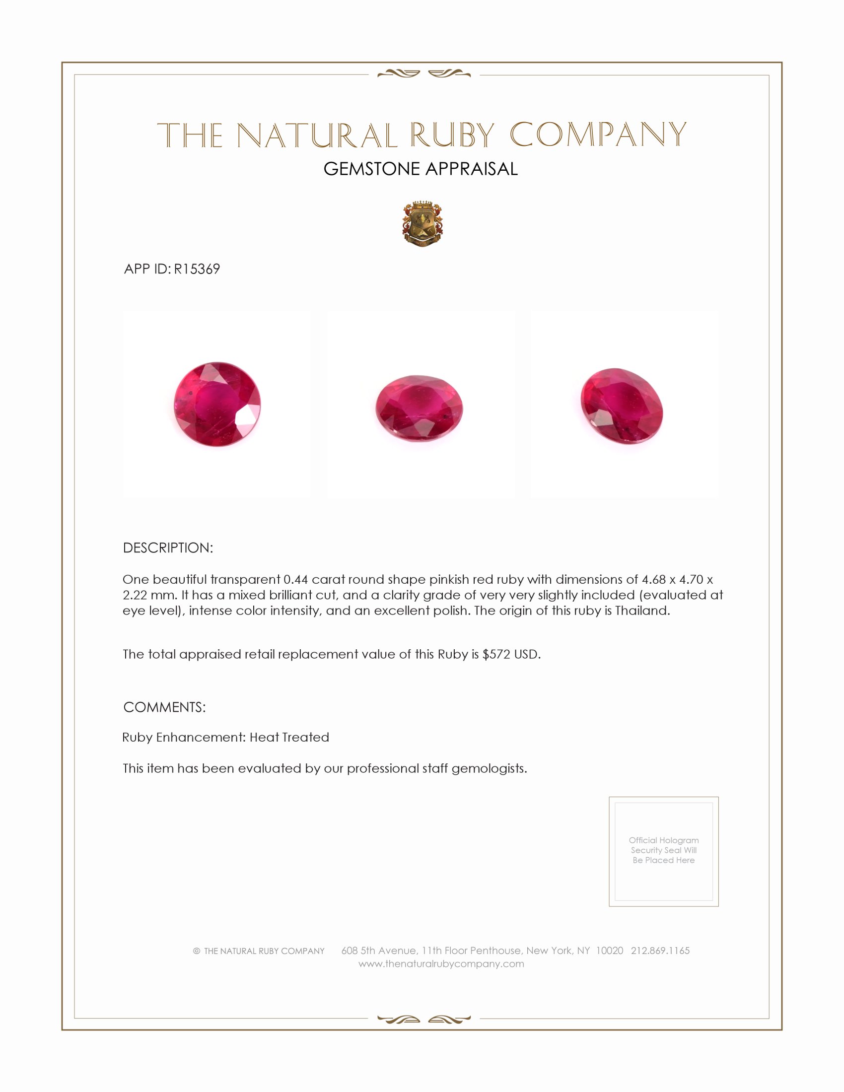 0.44 Ct. Pinkish Red Ruby from Thailand