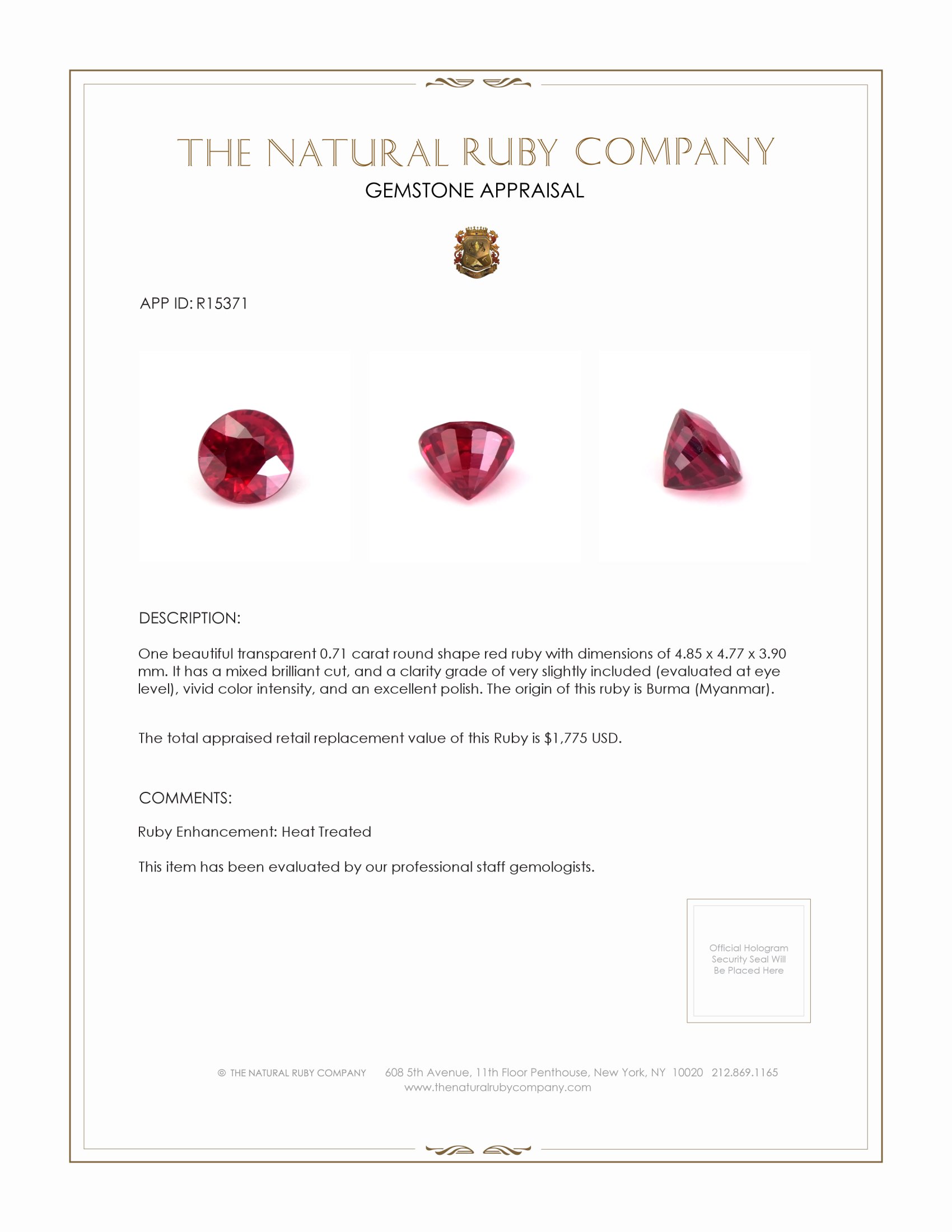0.71 Ct. Ruby from Burma (Myanmar)