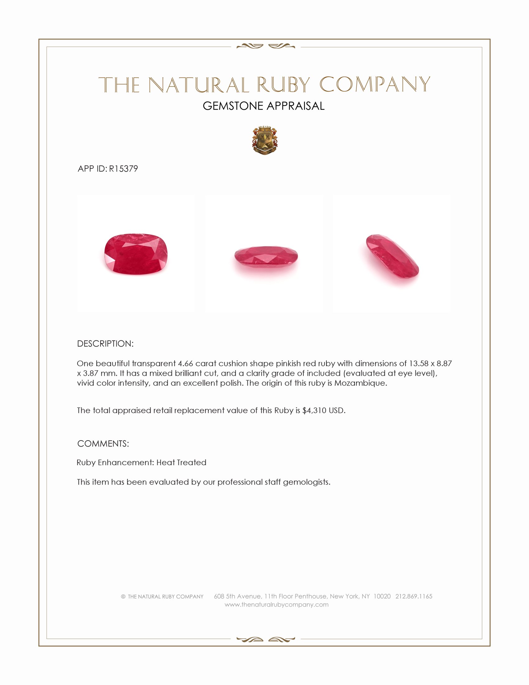 4.66 Ct. Pinkish Red Ruby from Mozambique